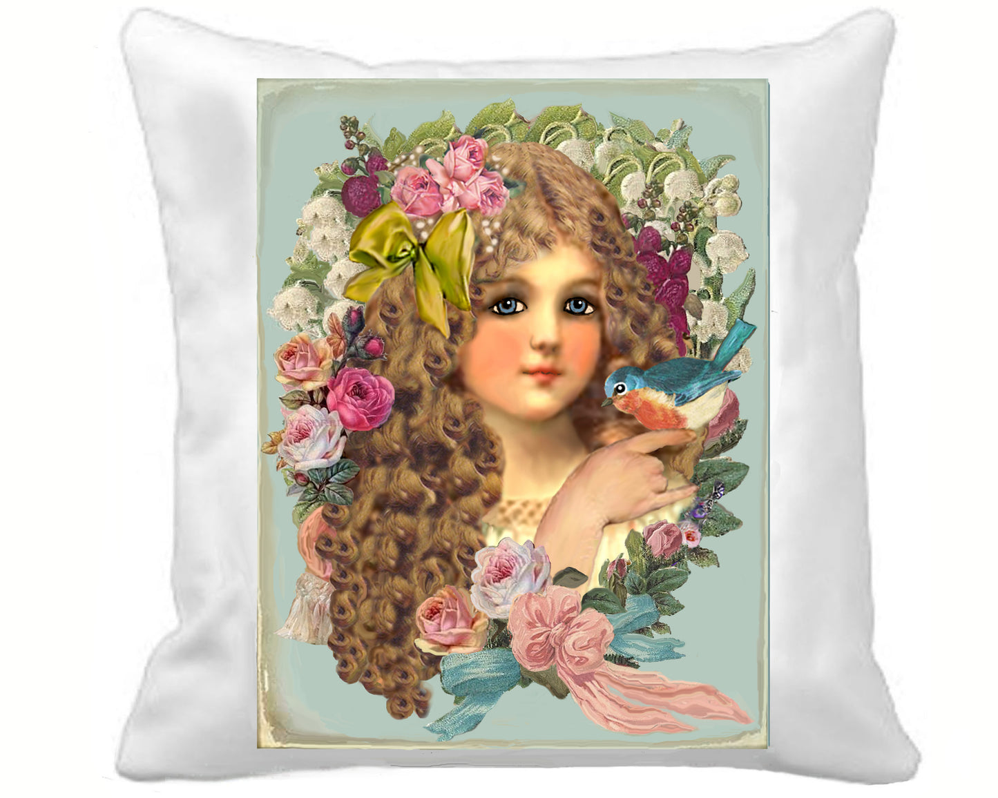 #87 CHARMING VICTORIAN GIRL AND BLUEBIRD - BEAUTIFUL SHABBY IMAGE