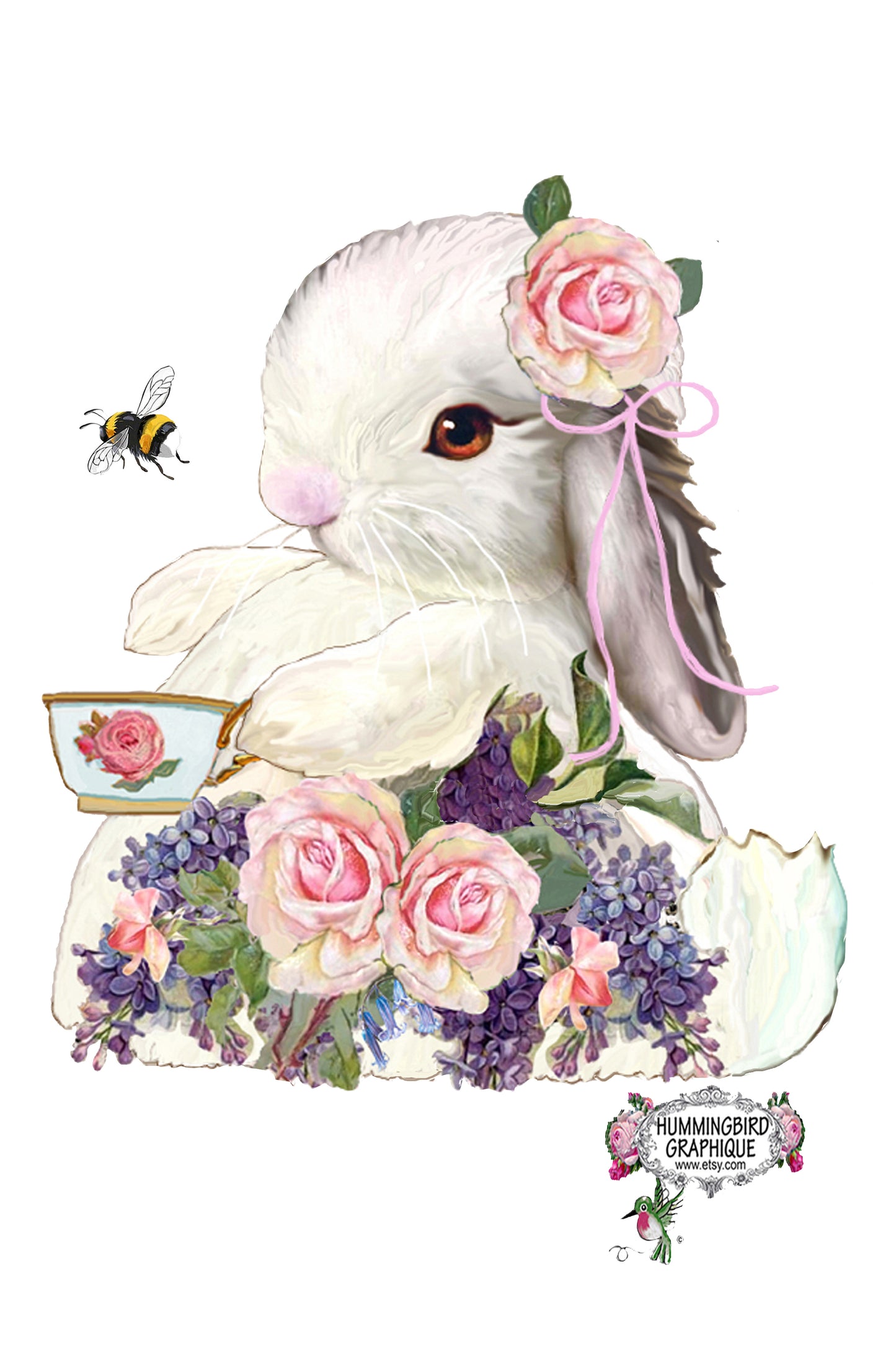 #613 PRÉCIEUX BÉBÉ LAPIN AVEC UNE TASSE DE THÉ, UNE ABEILLE ET DES ROSES - LAPINS