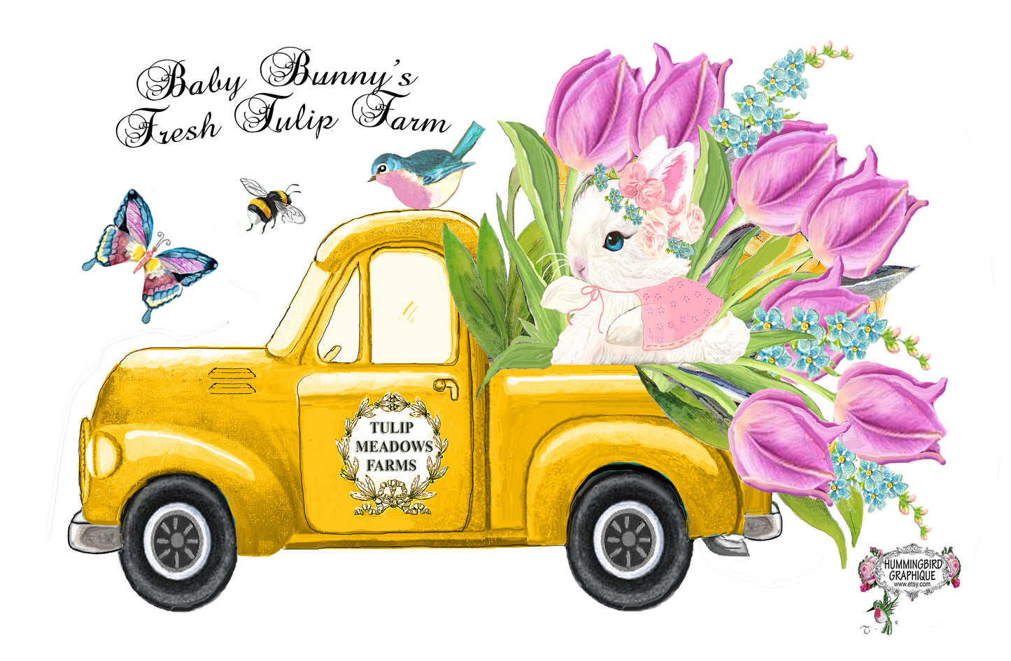 #1001 CAMION DE FERME PRÉCIEUX BÉBÉ LAPIN AVEC TULIPES BLUEBIRD PAPILLON ET ABEILLE - IMAGE DE CAMPAGNE
