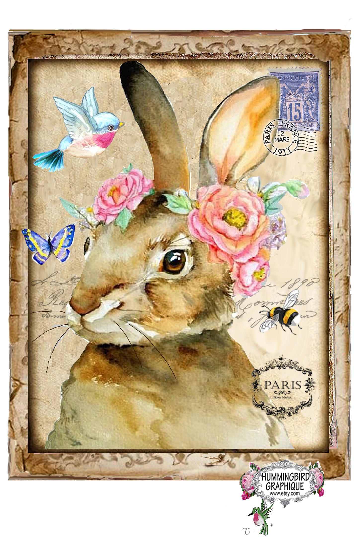 #1012 LAPIN DE CAMPAGNE AVEC DES ROSES ABEILLE PAPILLON - LAPINS