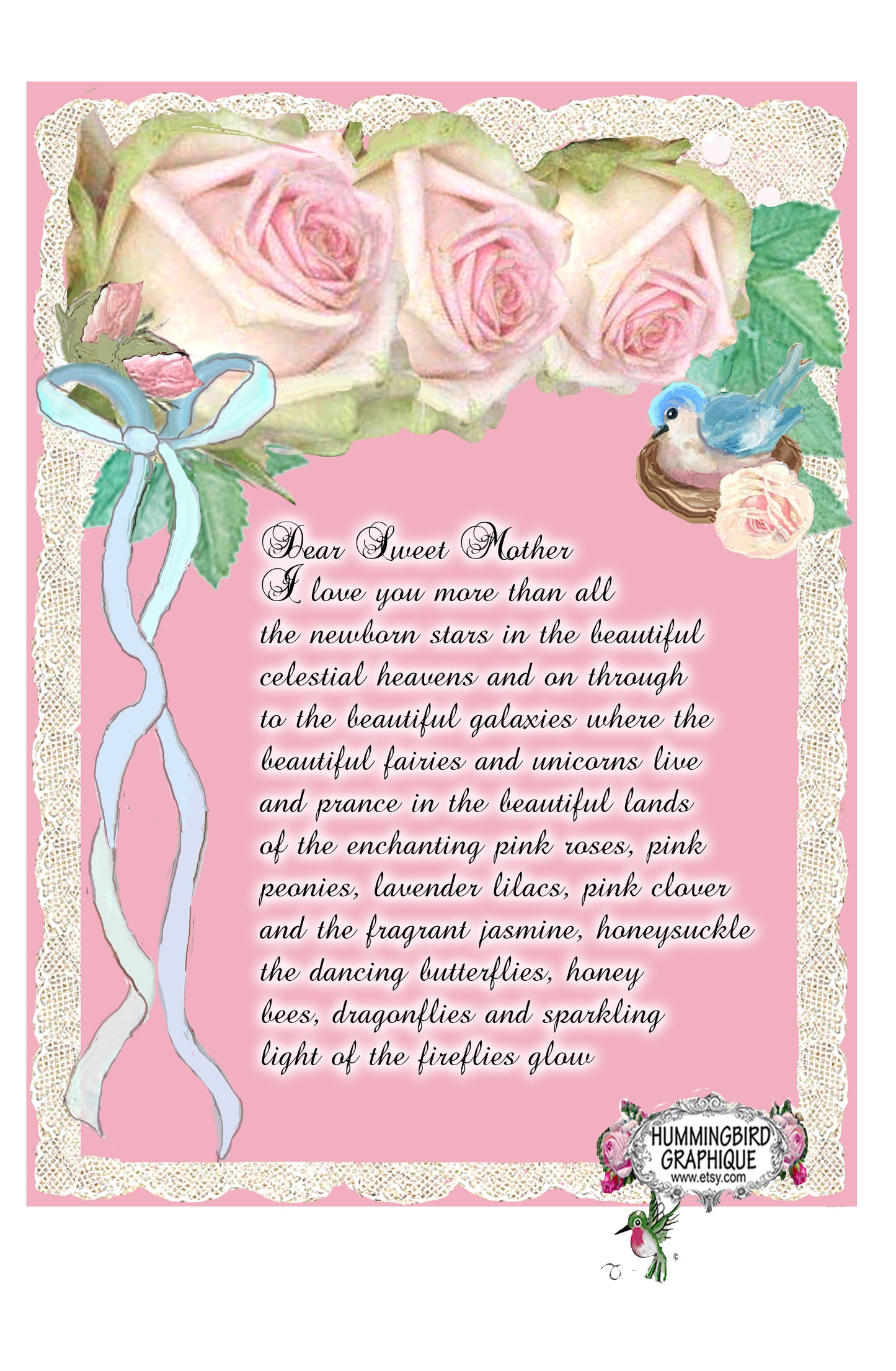 #1020 BEAUTIFUL POEM TO MY DEAR SWEET MOTHER WITH ROSES - BEAUTIFUL SHABBY IMAGE