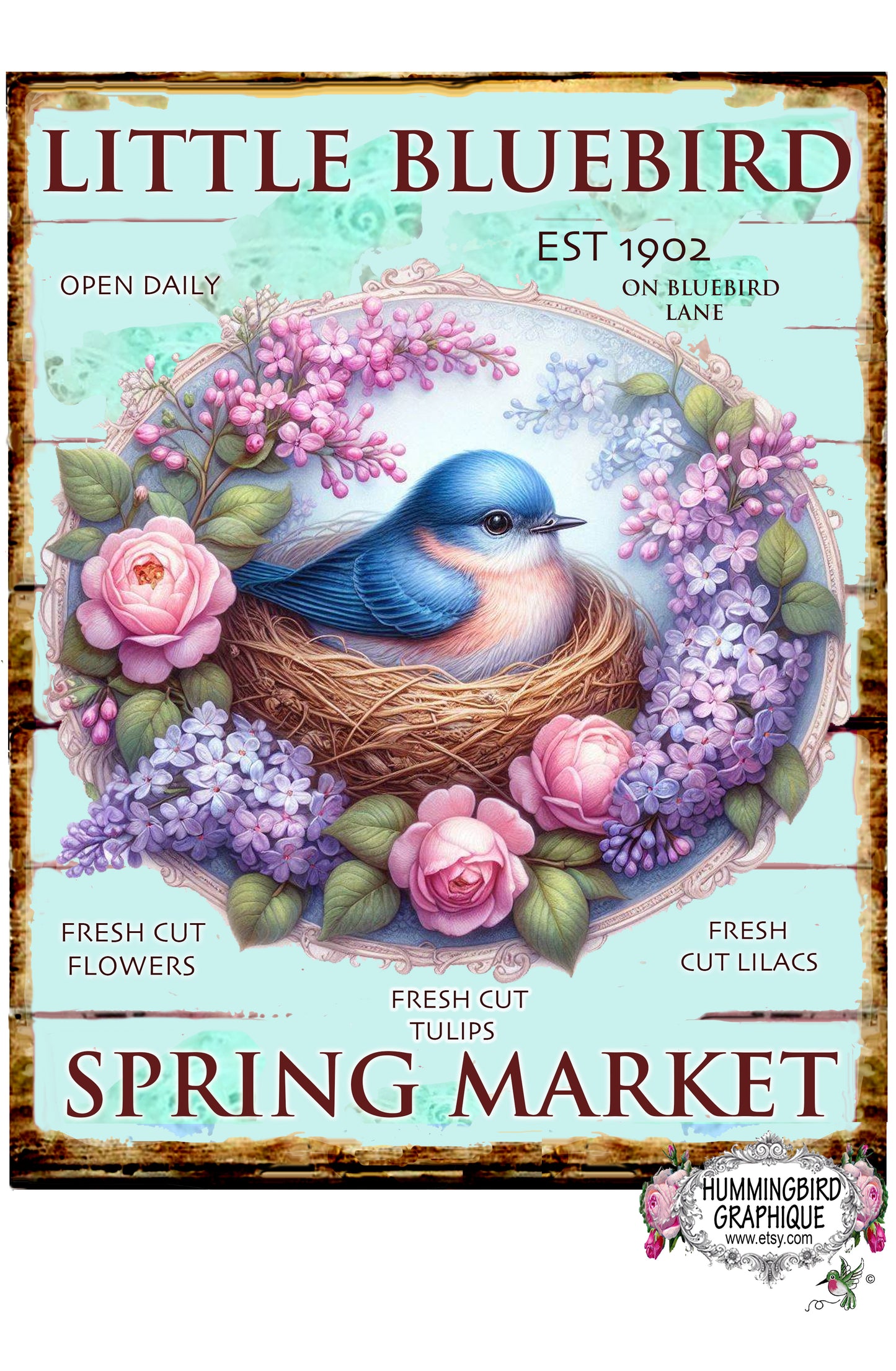 #1087BL LITTLE BLUEBIRD IN NEST WITH EGGS ROSES AND LILACS COUNTRY WOOD SIGN - COUNTRY