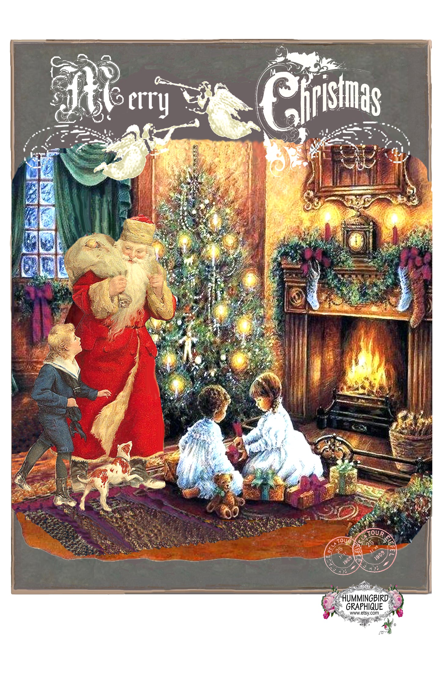 #108 JOYEUX NOËL PÈRE NOËL AVEC ENFANTS ET CHIOT AUTOUR DE LA CHEMINÉE - NOËL