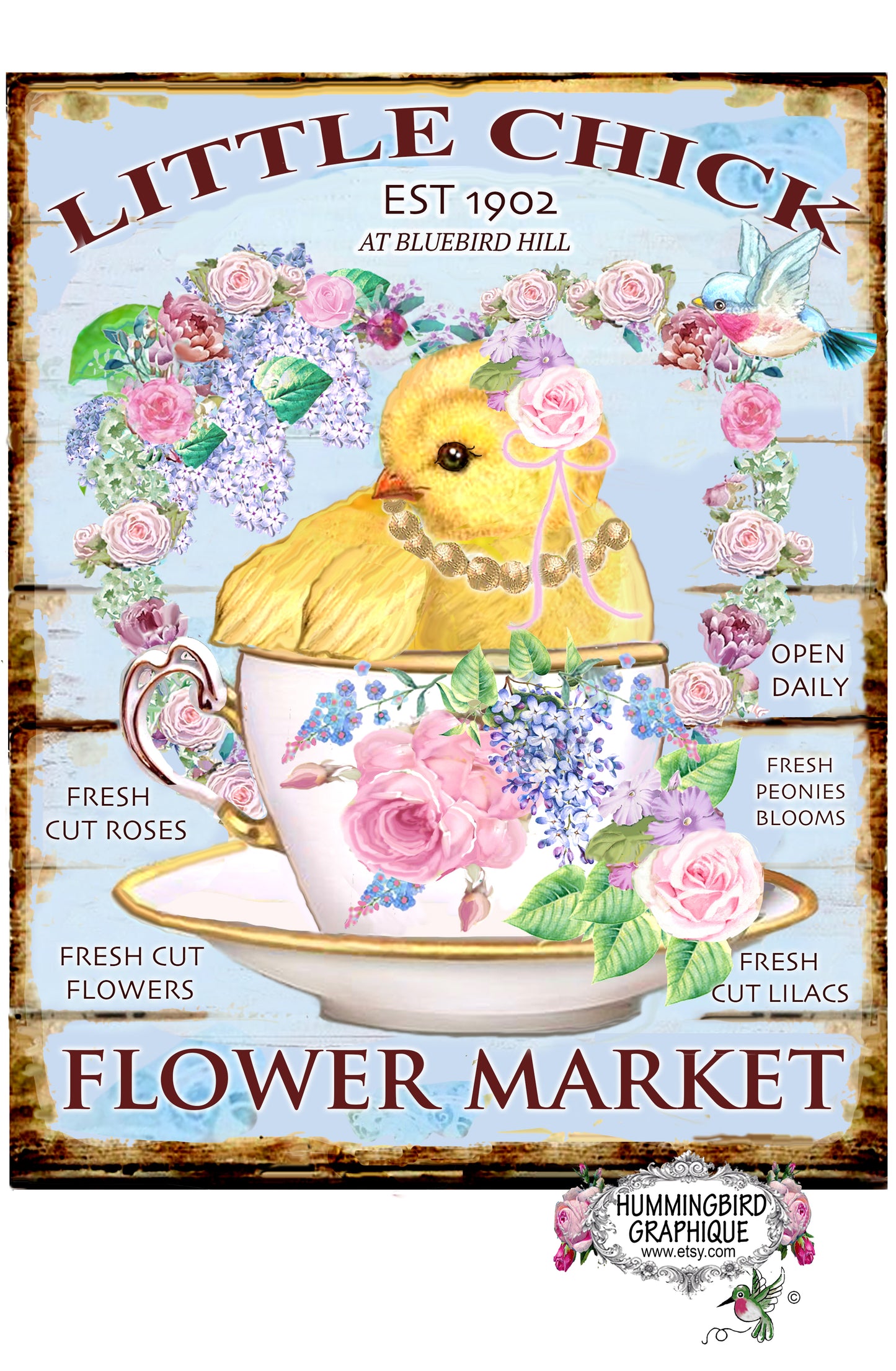 #1091A LITTLE CHICK FLOWER MARKET PANNEAU DE PIVOINES FRAÎCHES COUPÉES - IMAGE DE CAMPAGNE