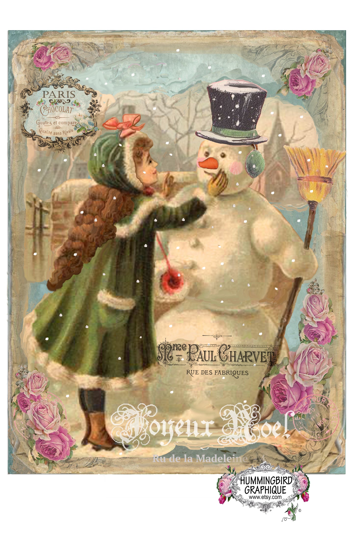 #109 VIEUX BONHOMME DE NEIGE AVEC UNE PETITE FILLE UN JOUR DE NEIGE - NOËL