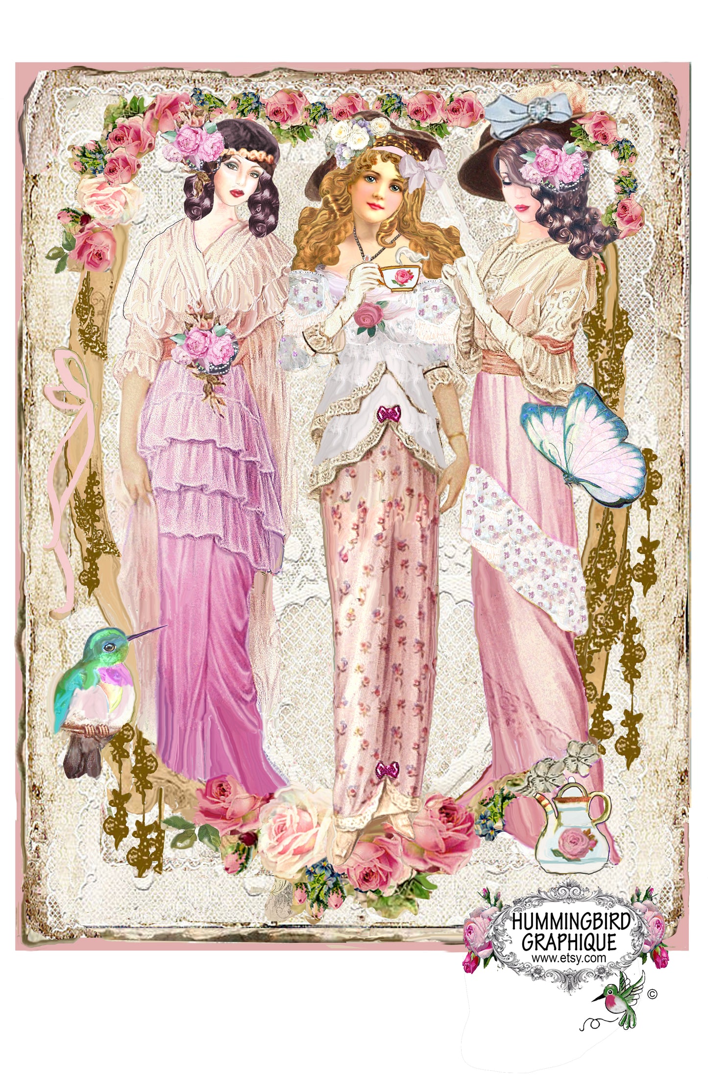 #1104 BEAUTIFUL ELEGANT VICTORIAN LADIES TEATIME - BEAUTIFUL SHABBY IMAGE
