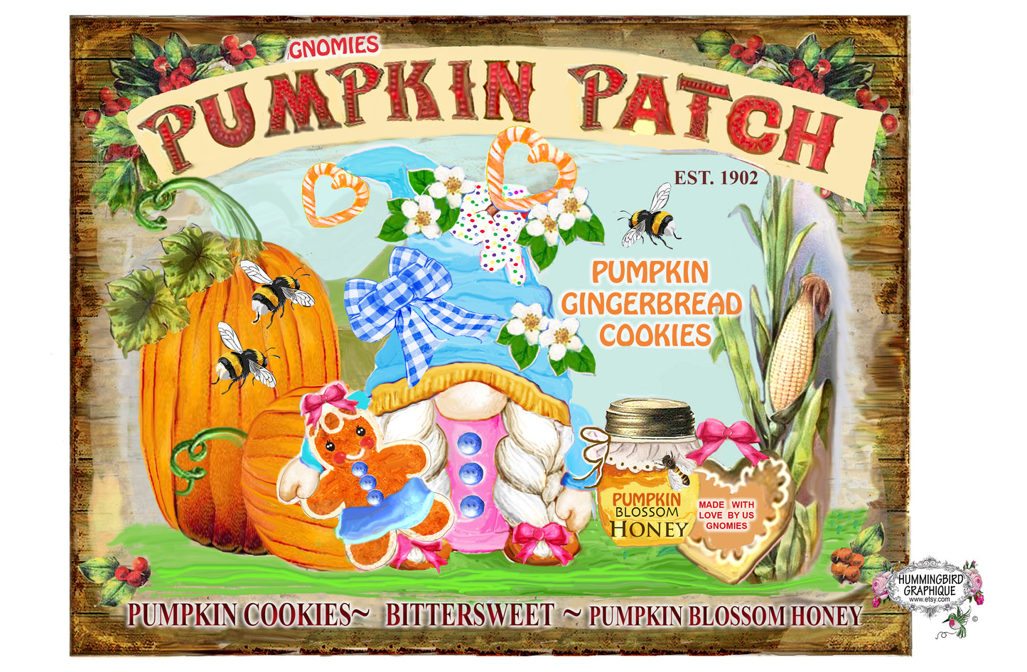 #1111 GNOMIES PUMPKIN PATCH PANNEAU DE BISCUITS EN PAIN D'ÉPICES À LA CITROUILLE - IMAGE DE CAMPAGNE