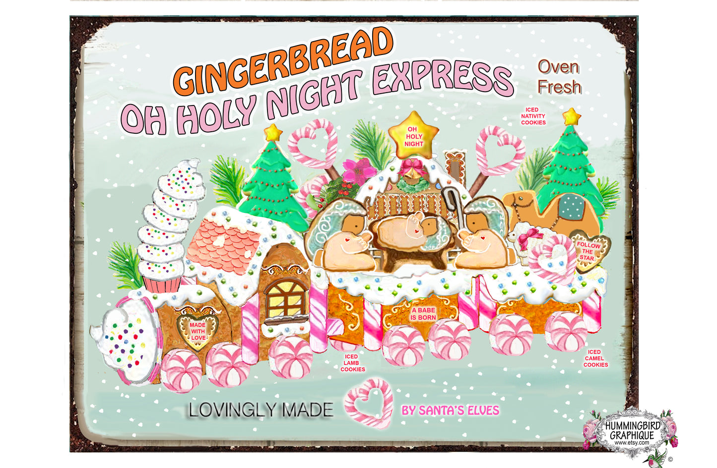 #1124 PAN DE JENGIBRE OH HOLY EXPRESS LETRERO DE MADERA DE LA NATIVIDAD - NAVIDAD