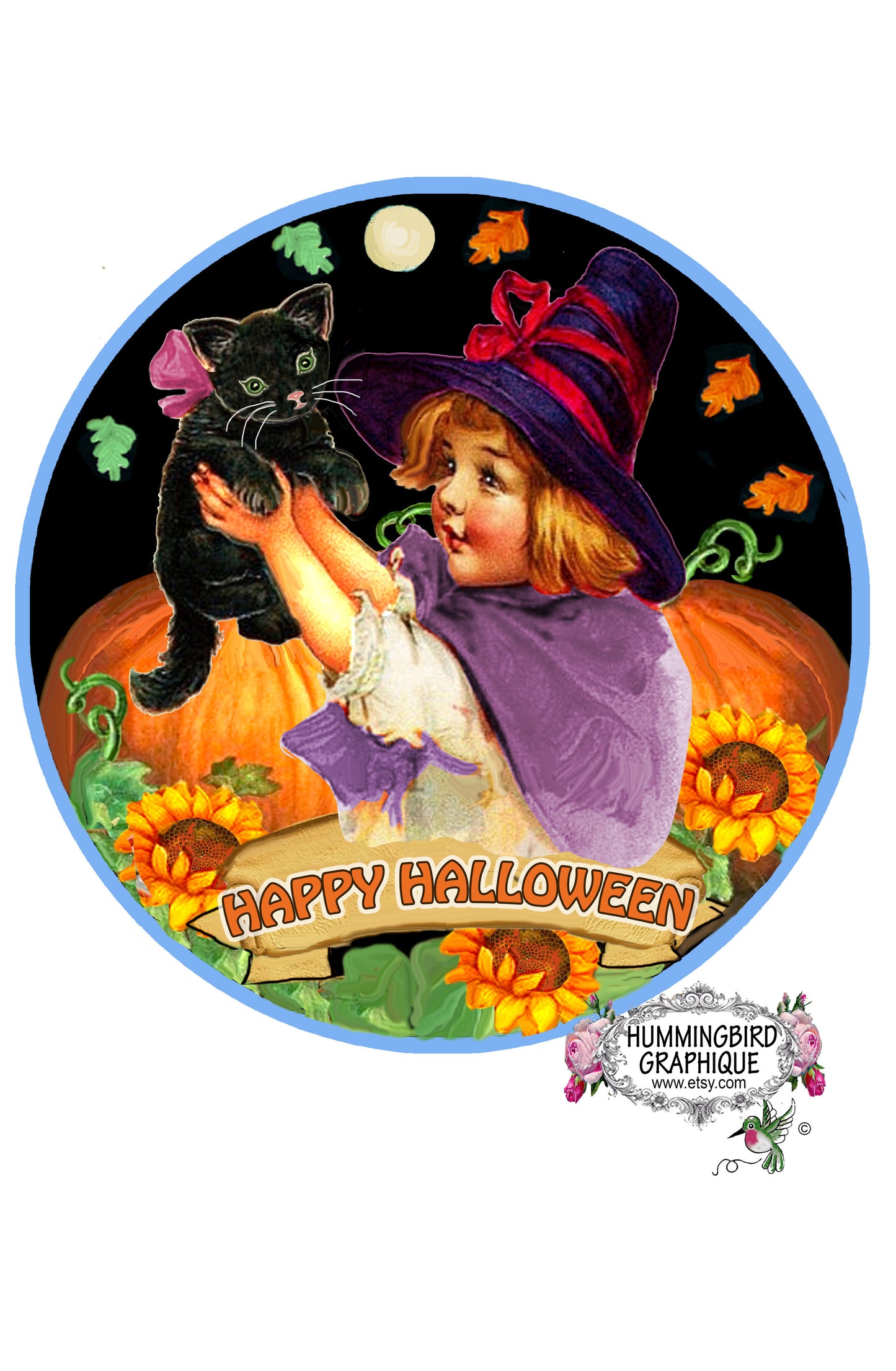 #1138 JOYEUX HALLOWEEN PETITE FILLE ET SON CHAT NOIR - ACCROCHE-PORTE