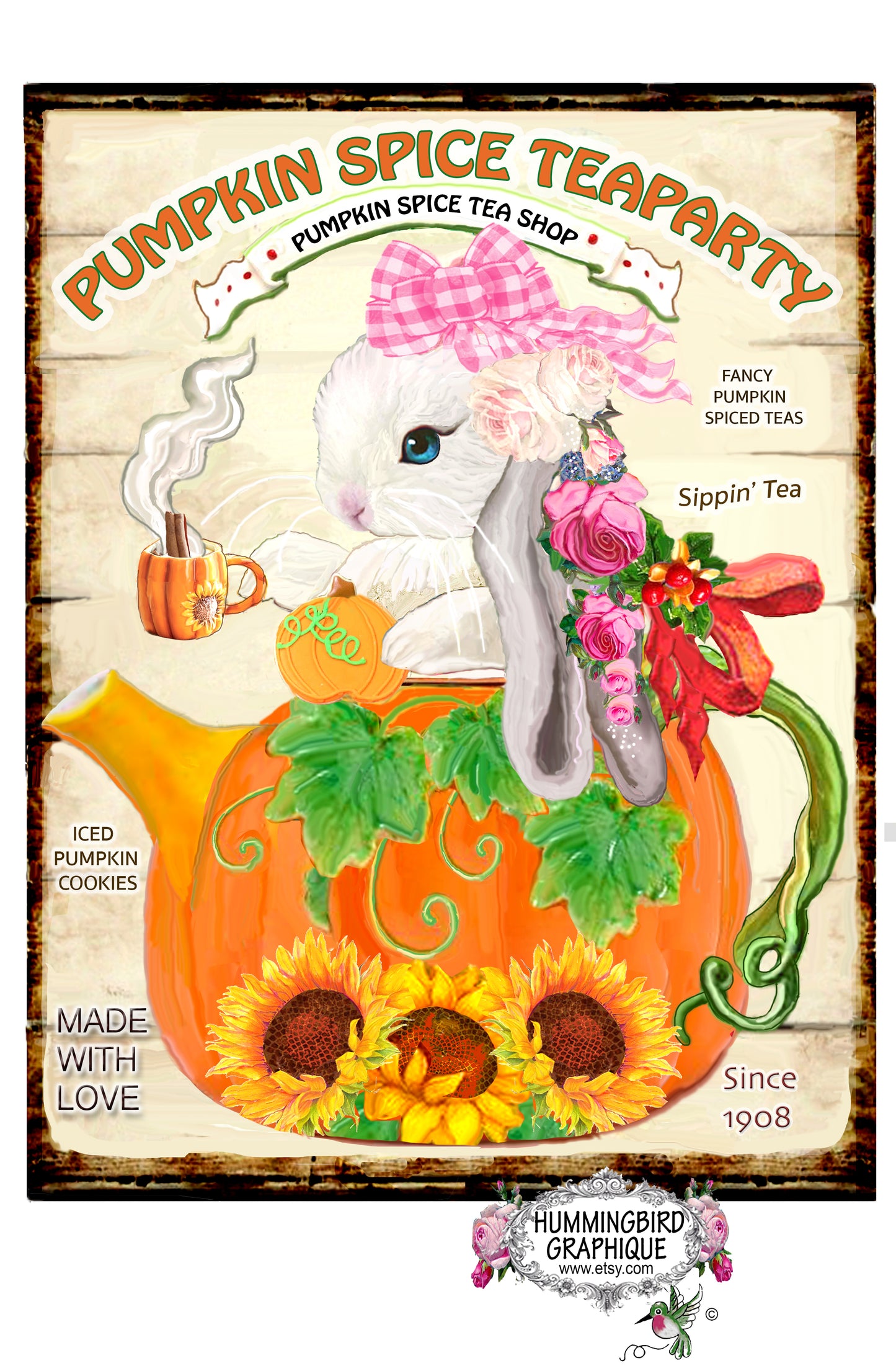 #1142 BÉBÉ LAPIN DANS UNE THÉIÈRE AUX ÉPICES DE CITROUILLE AVEC TASSE À THÉ - LAPINS