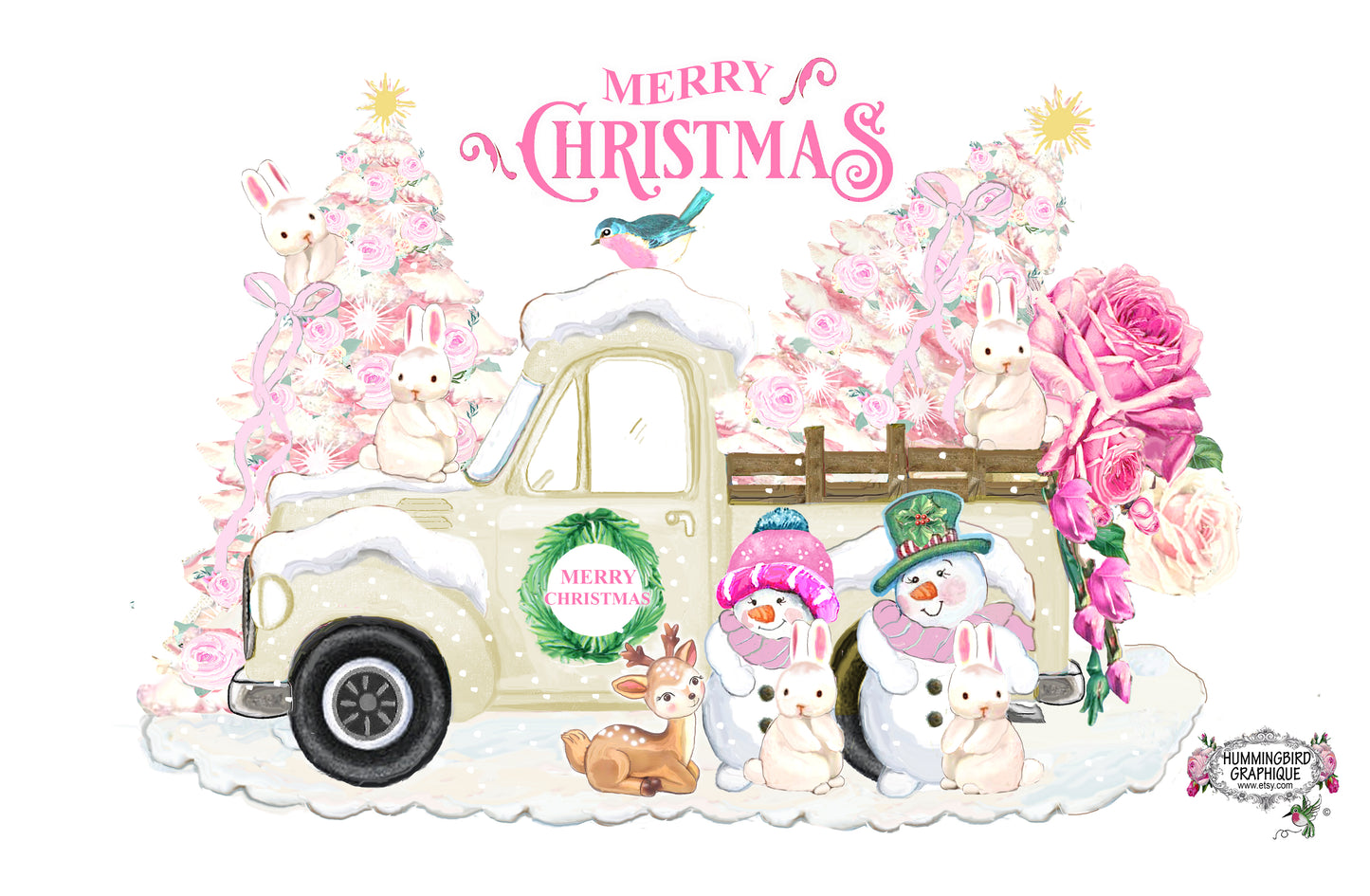 #1155 CAMION JOYEUX NOËL AVEC DES BONHOMME DE NEIGE, UN ARBRE DE NOËL ROSE ET DES LAPINS - NOËL