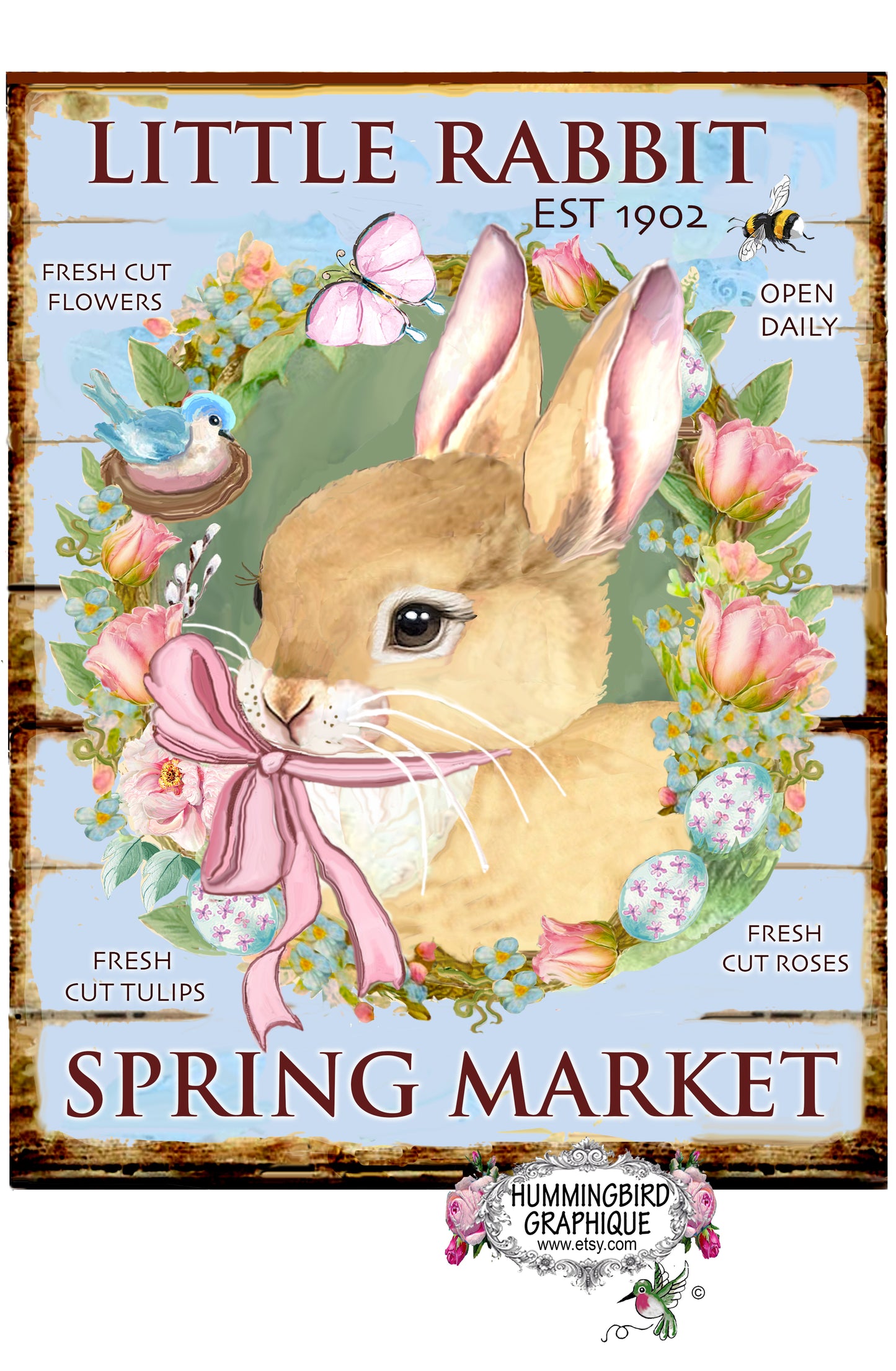#1175 PETIT LAPIN MARCHÉ DE PRINTEMPS TULIPES FRAÎCHES PANNEAU EN BOIS - MARCHÉ DE CAMPAGNE