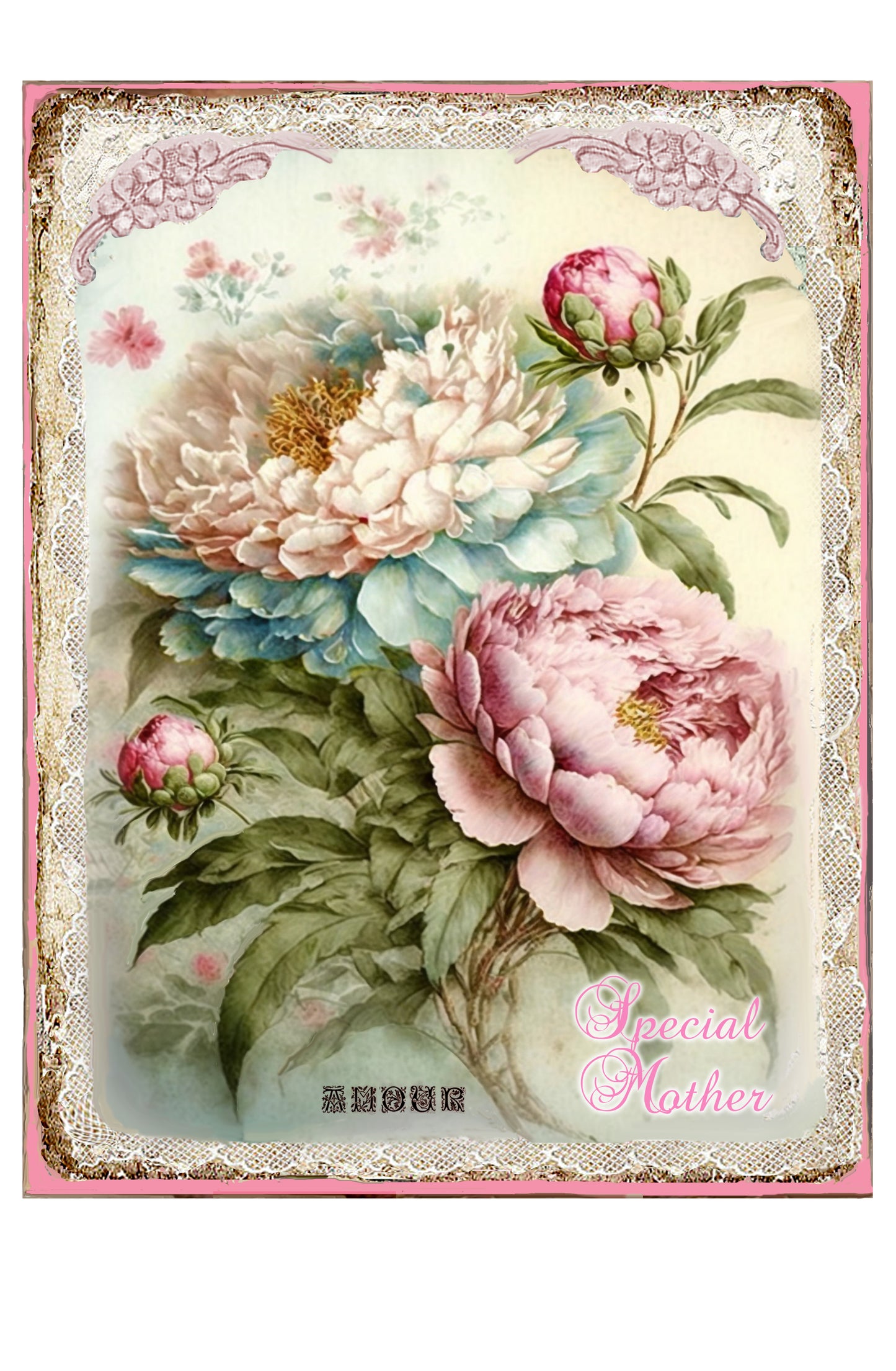 #1179 BEAUTIFUL PEONIES AND LACE SPECIAL MOTHER - BEAUTIFUL SHABBY IMAGE