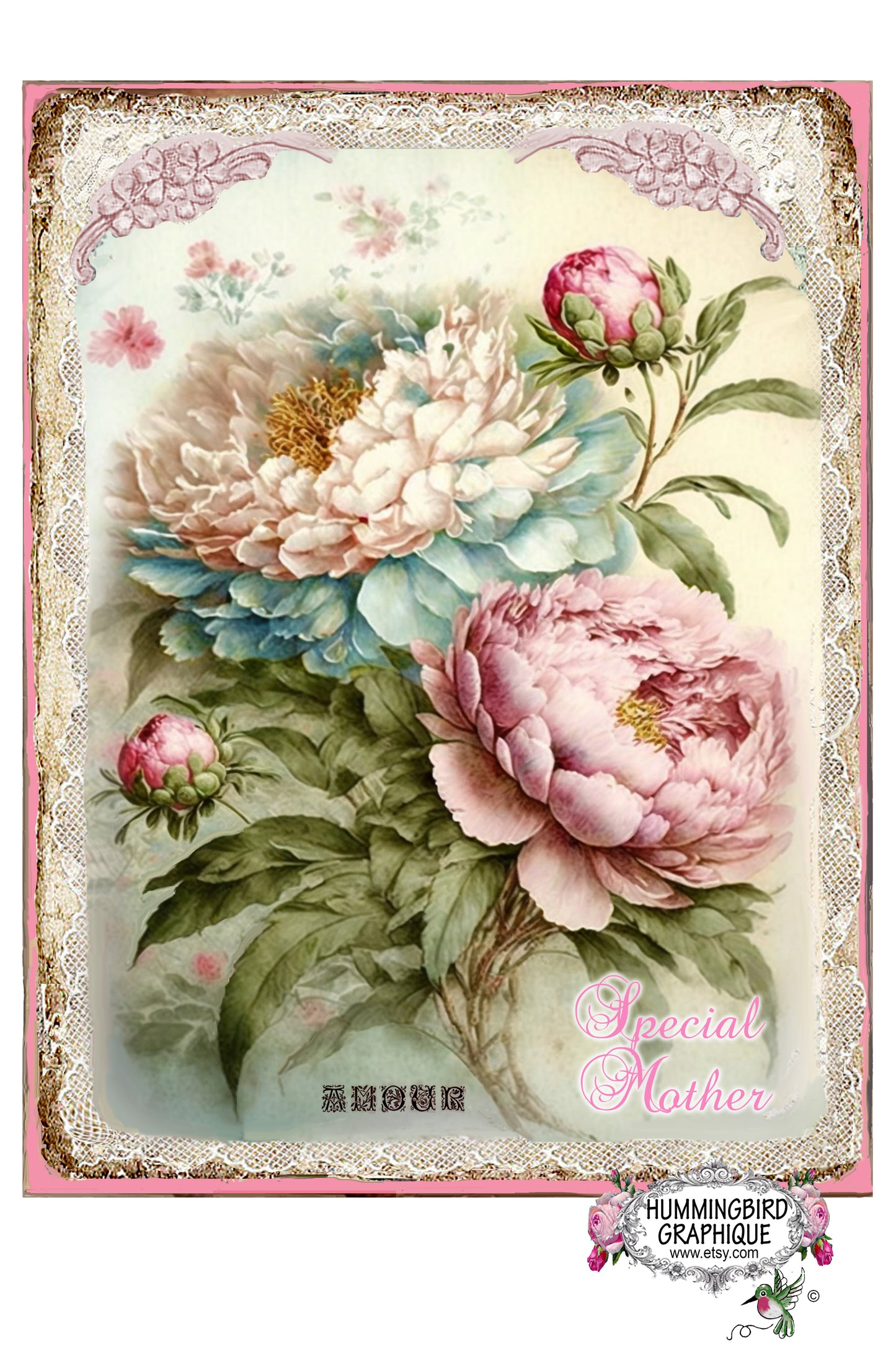 #1179 BEAUTIFUL PEONIES AND LACE SPECIAL MOTHER - BEAUTIFUL SHABBY IMAGE