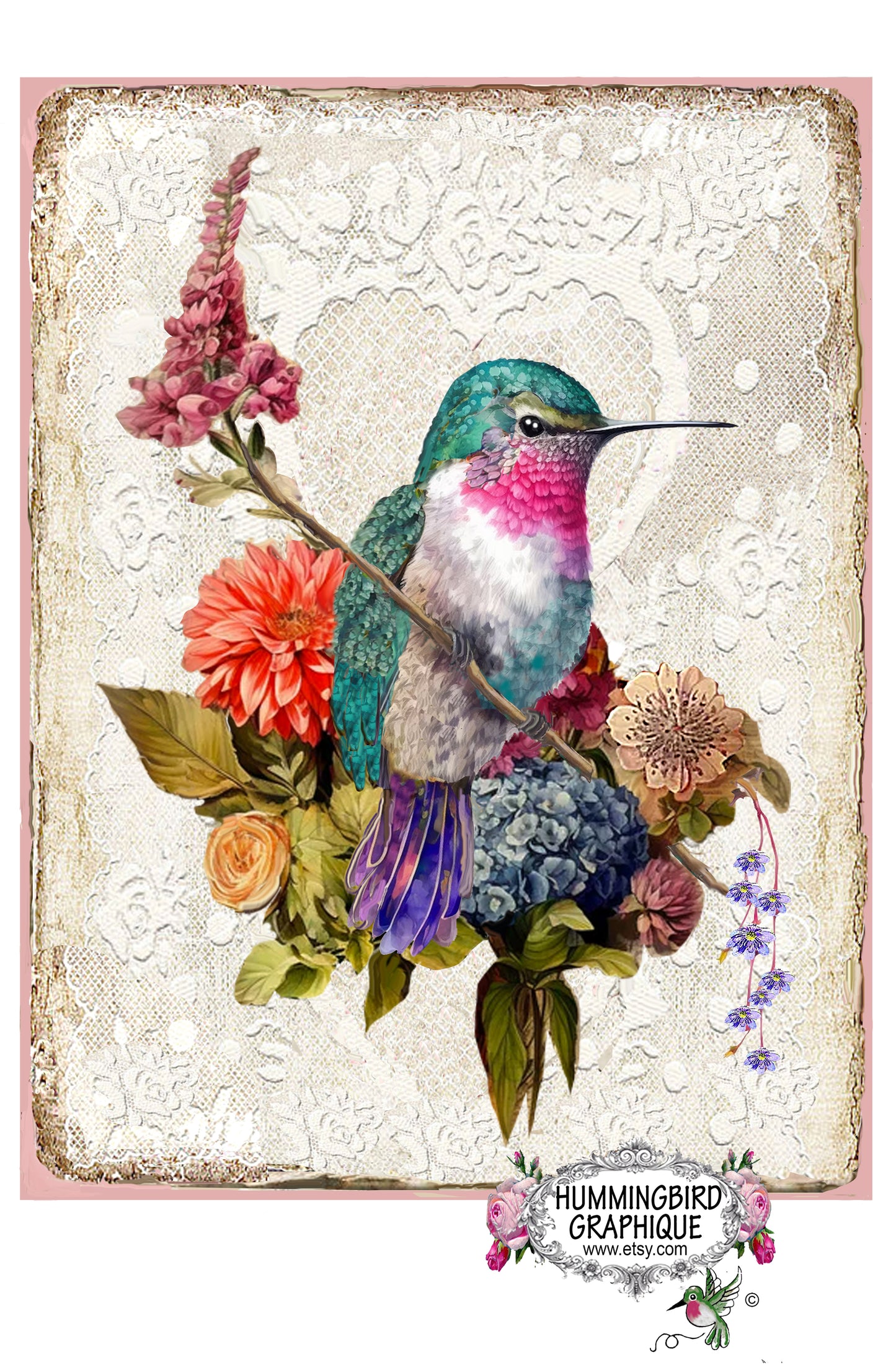 #1206 BEAUTIFUL HUMMINGBIRD FLOWERS AND LACE - BEAUTIFUL SHABBY IMAGE