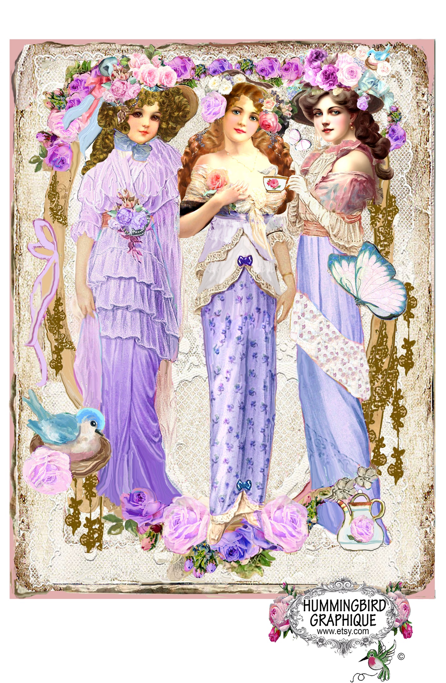 #1207 ELEGANT VICTORIAN LADIES TEATIME IN LAVENDER WITH ROSES AND BLUEBIRD - BEAUTIFUL SHABBY IMAGE