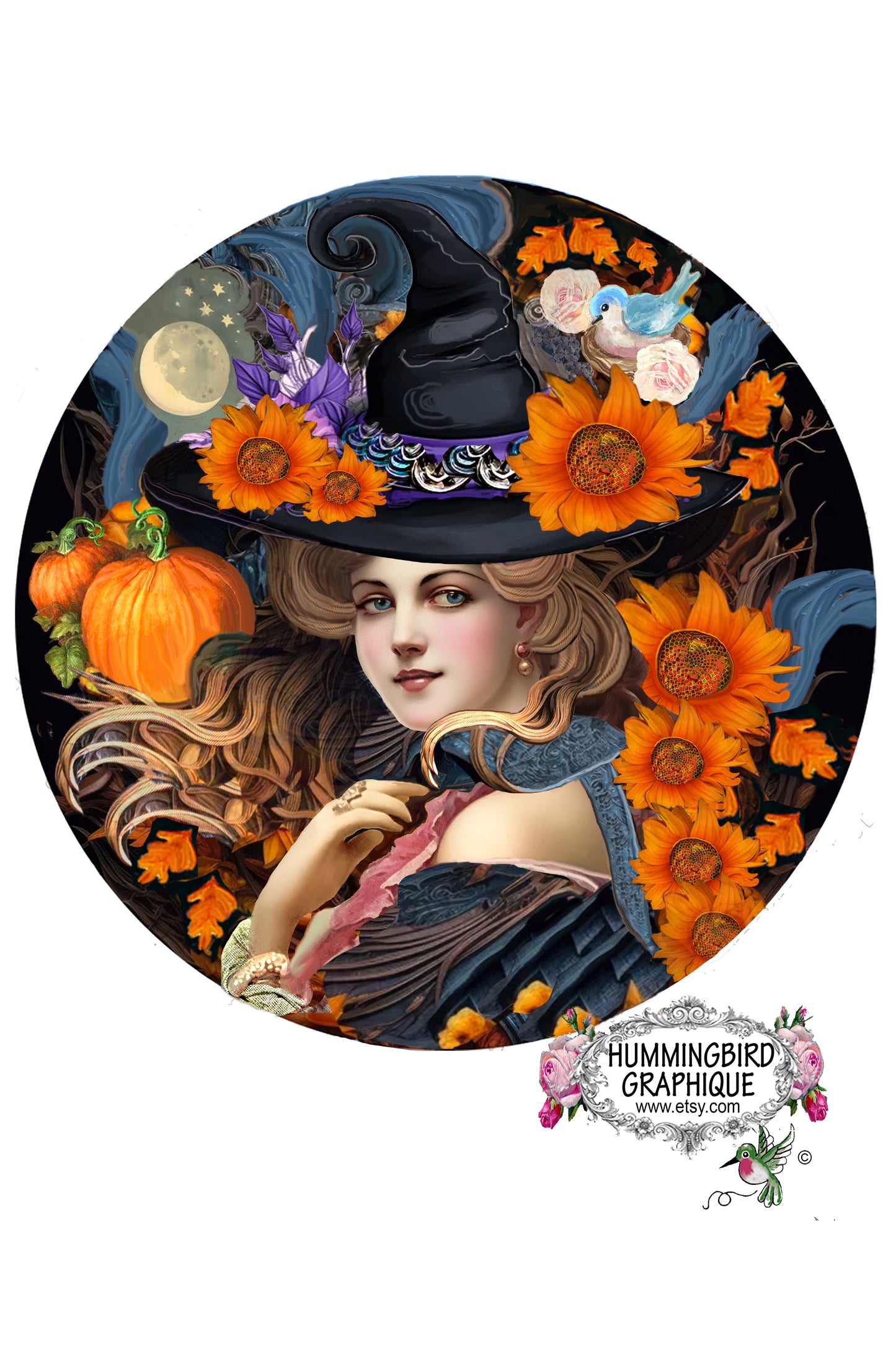 #1208 ACCROCHE-PORTE CERCLE SORCIÈRE AVEC LUNE ET TOURNESOLS - RÉCOLTE D'AUTOMNE