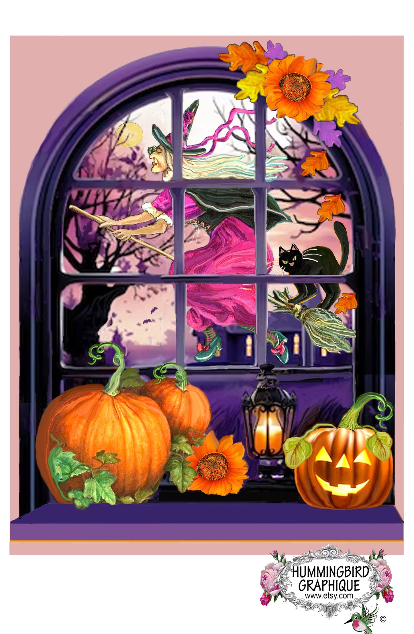 #1210 MÉCHANTE SORCIÈRE DANS UNE FENÊTRE VIOLETTE SUR SON BALAI ET SON CHAT NOIR - RÉCOLTE D'AUTOMNE