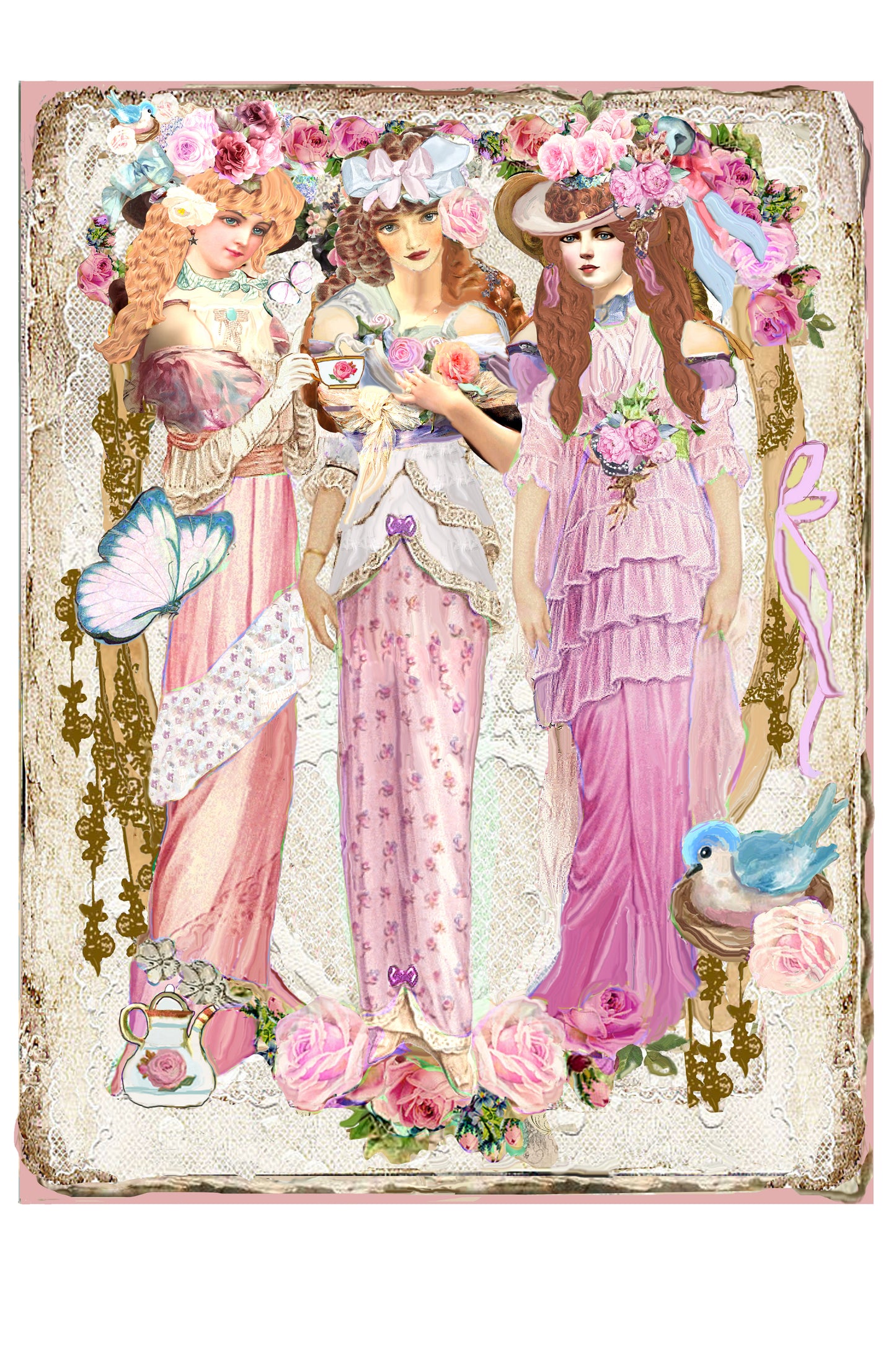 #1216X BEAUTIFUL ELEGANT VICTORIAN LADIES TEATIME WITH BLUEBIRD AND ROSES - BEAUTIFUL SHABBY IMAGE