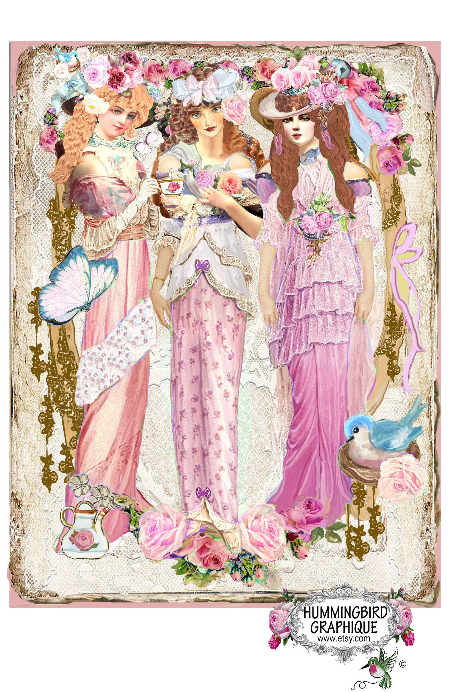 #1216X BEAUTIFUL ELEGANT VICTORIAN LADIES TEATIME WITH BLUEBIRD AND ROSES - BEAUTIFUL SHABBY IMAGE