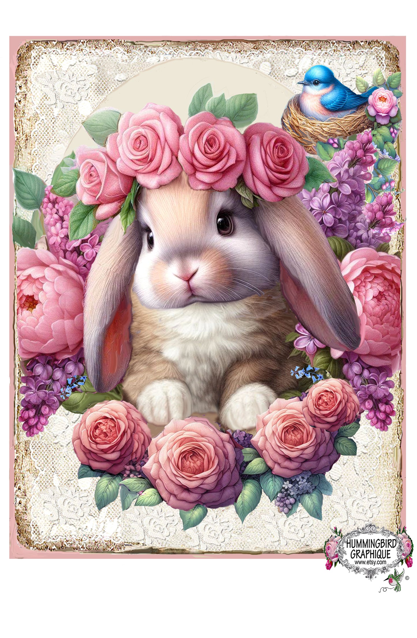 #1222F BEAUTIFUL FLOPPY EAR BABY BUNNY WITH BLUEBIRD IN NEST - BUNNIES