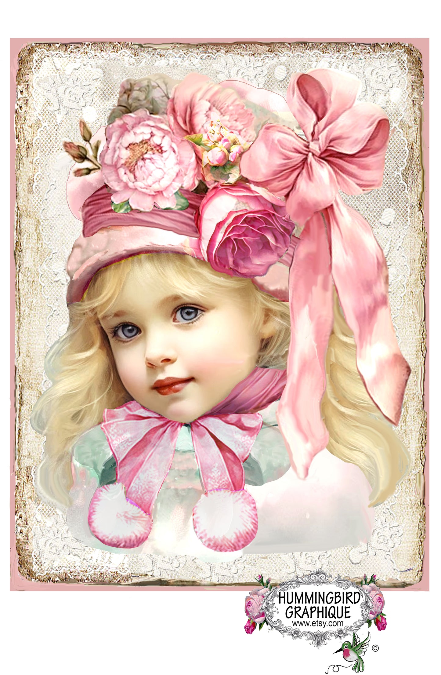 #1223 PRECIOUS LITTLE GIRL IN BOW ROSES PEONY BONNET- BEAUTIFUL SHABBY IMAGE