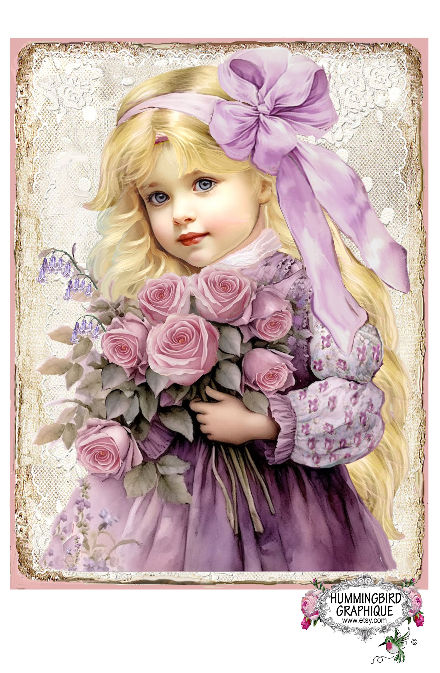 #1233 BEAUTIFUL LITTLE VICTORIAN GIRL WITH ROSES AND BLUEBELLS - BEAUTIFUL SHABBY IMAGE