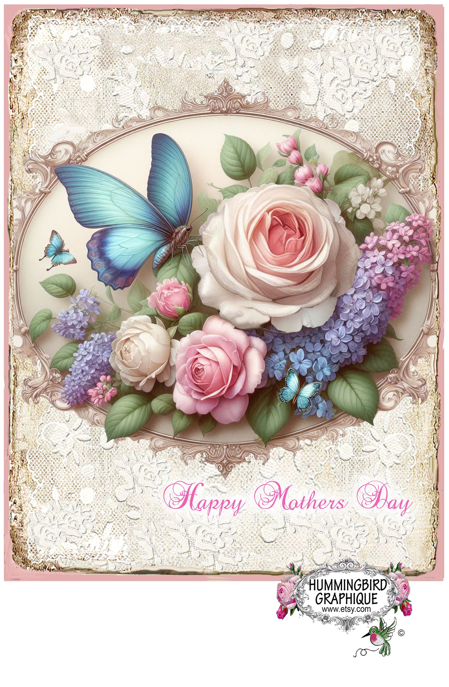 #1242 BEAUTIFUL ROSES LILAC AND BUTTERFLY ON LACE - BEAUTIFUL SHABBY IMAGE