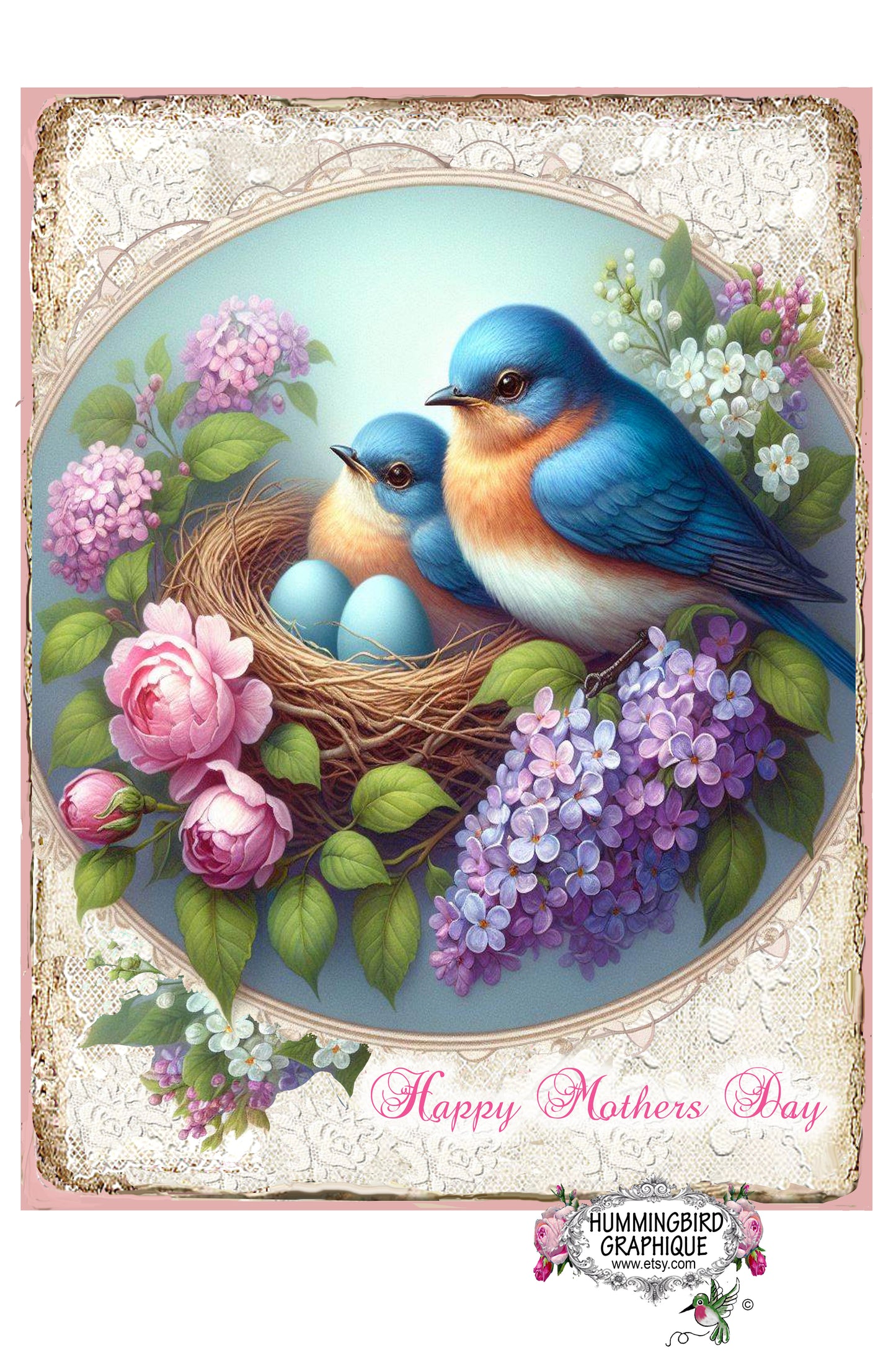 #1245 BEAUTIFUL BLUEBIRDS IN NEST WITH NEST LILACS AND ROSES- BEAUTIFUL SHABBY IMAGE