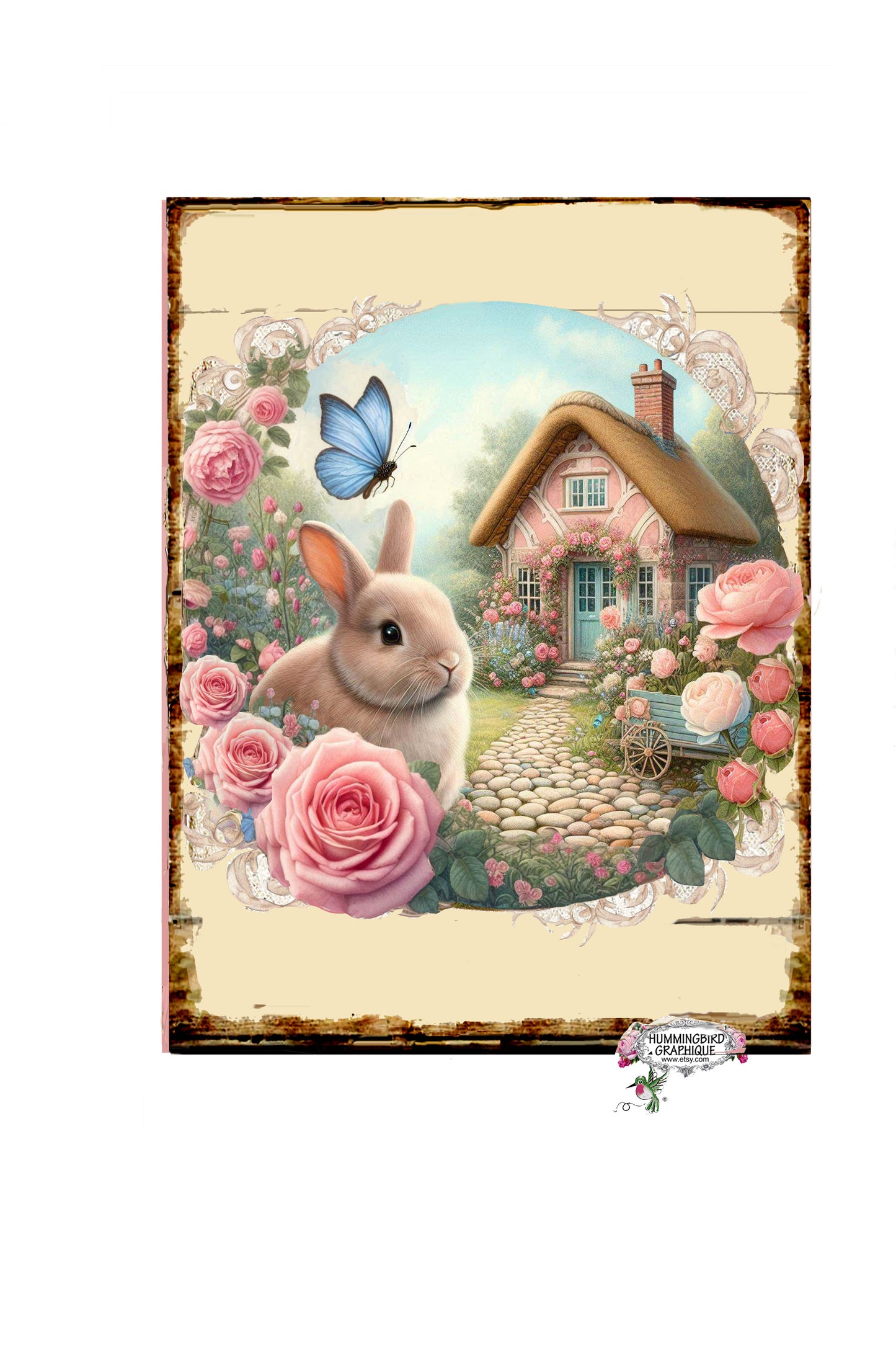 #1253 BEAUTIFUL BUNNY AND ROSES IN MY GARDEN COTTAGE - BEAUTIFUL SHABBY IMAGE