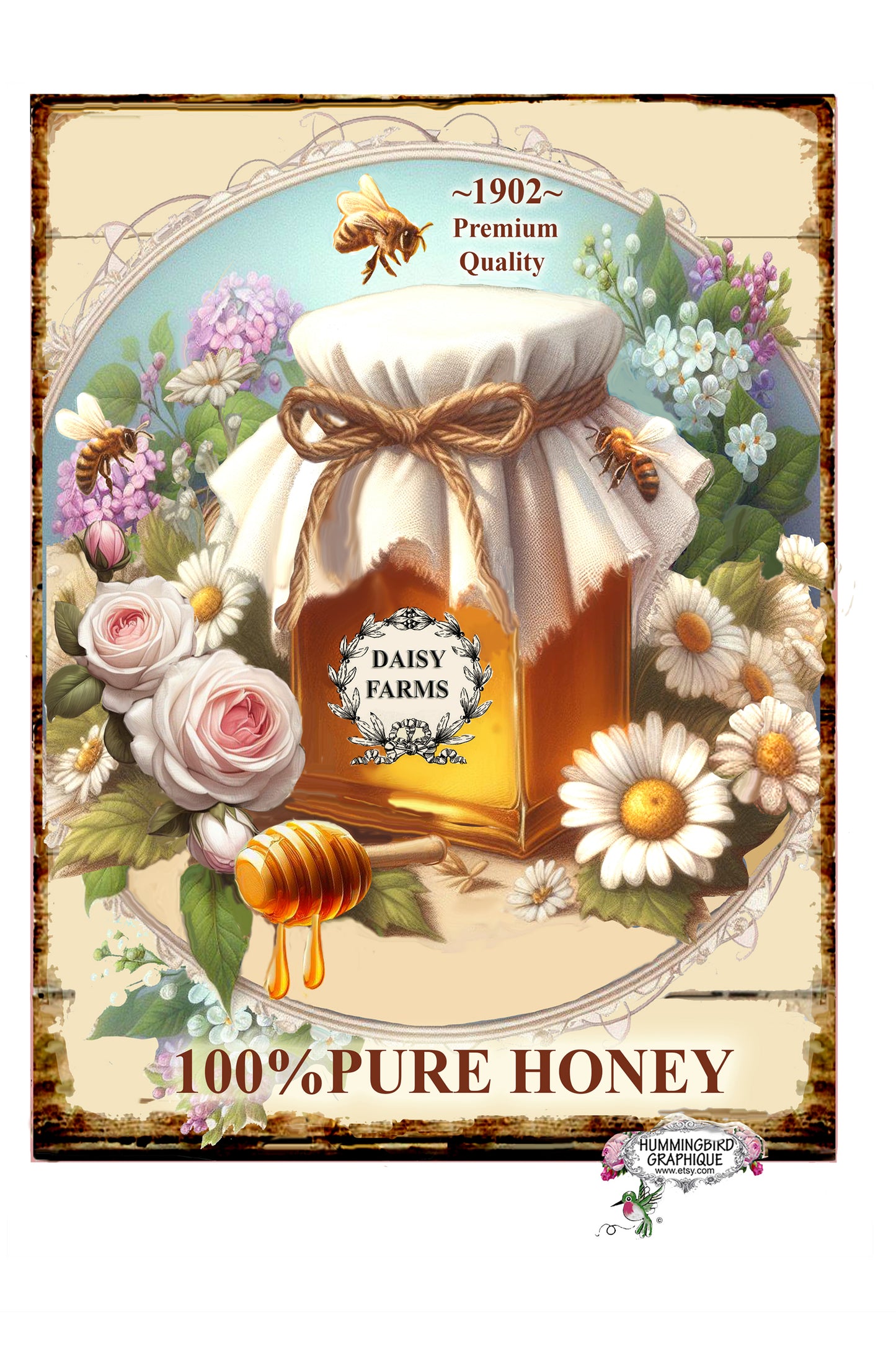 #1246 BEAUTIFUL HONEY JAR AND BEES - BEAUTIFUL SHABBY IMAGE
