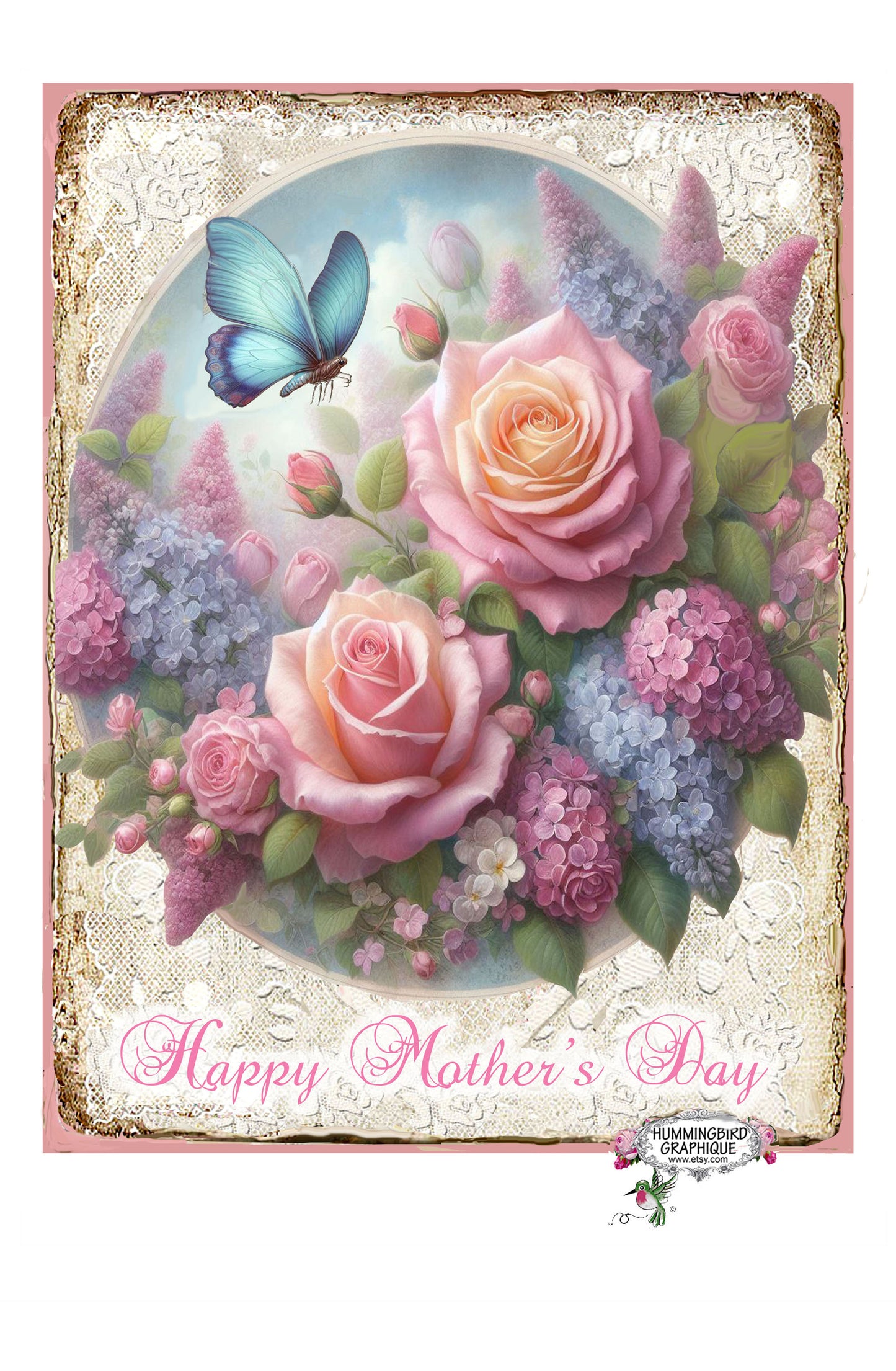 #1247 BEAUTIFUL BUTTERFLY LILAC AND ROSES - BEAUTIFUL SHABBY IMAGE