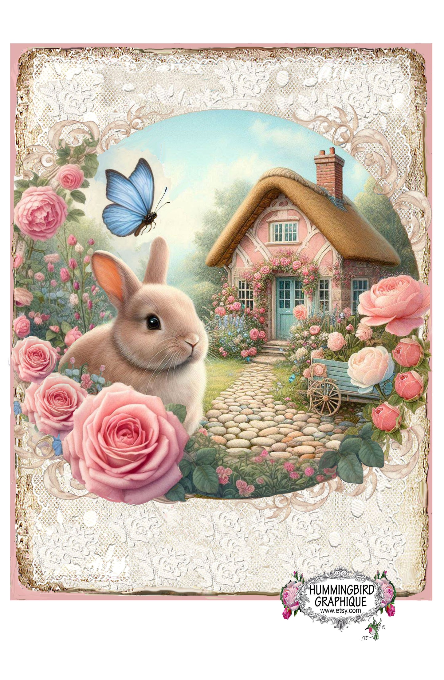 #1253 BEAUTIFUL BUNNY AND ROSES IN MY GARDEN COTTAGE - BEAUTIFUL SHABBY IMAGE