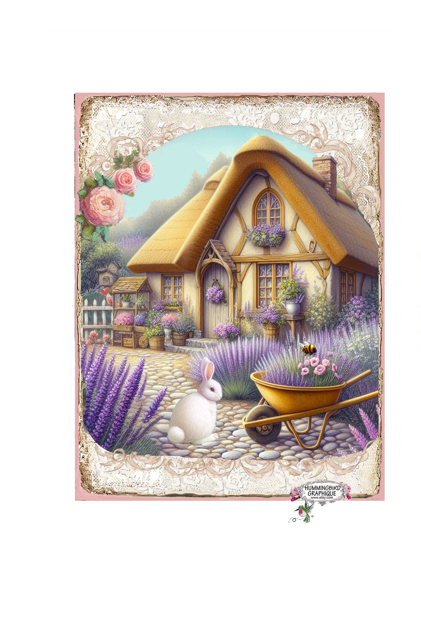 #1257 BUNNY IN MY LAVENDER COTTAGE GARDEN - Beautiful Shabby Image