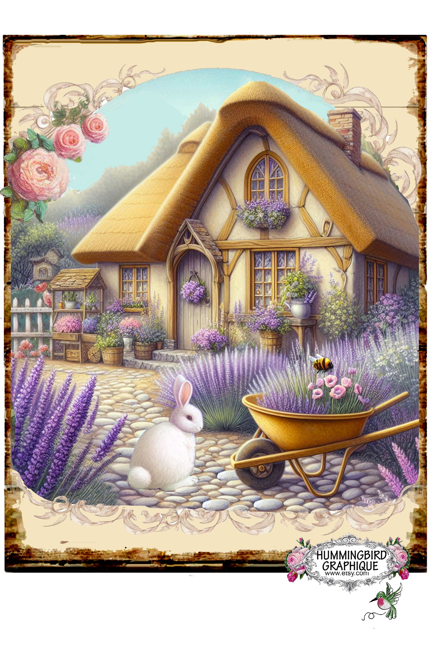 #1257 BUNNY IN MY LAVENDER COTTAGE GARDEN - Beautiful Shabby Image