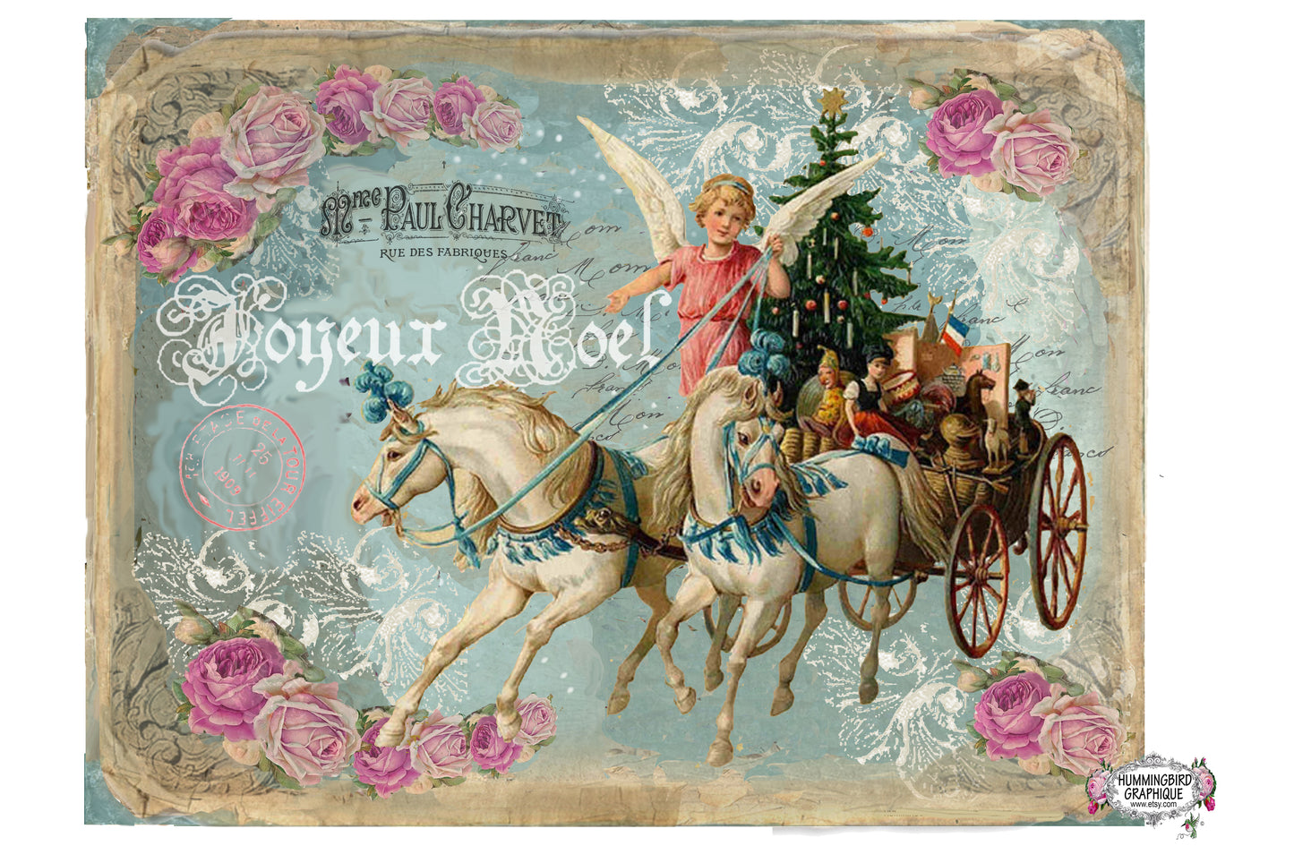 #126 BEAU CHARIOT AVEC ANGES ET CHEVAUX - NOËL