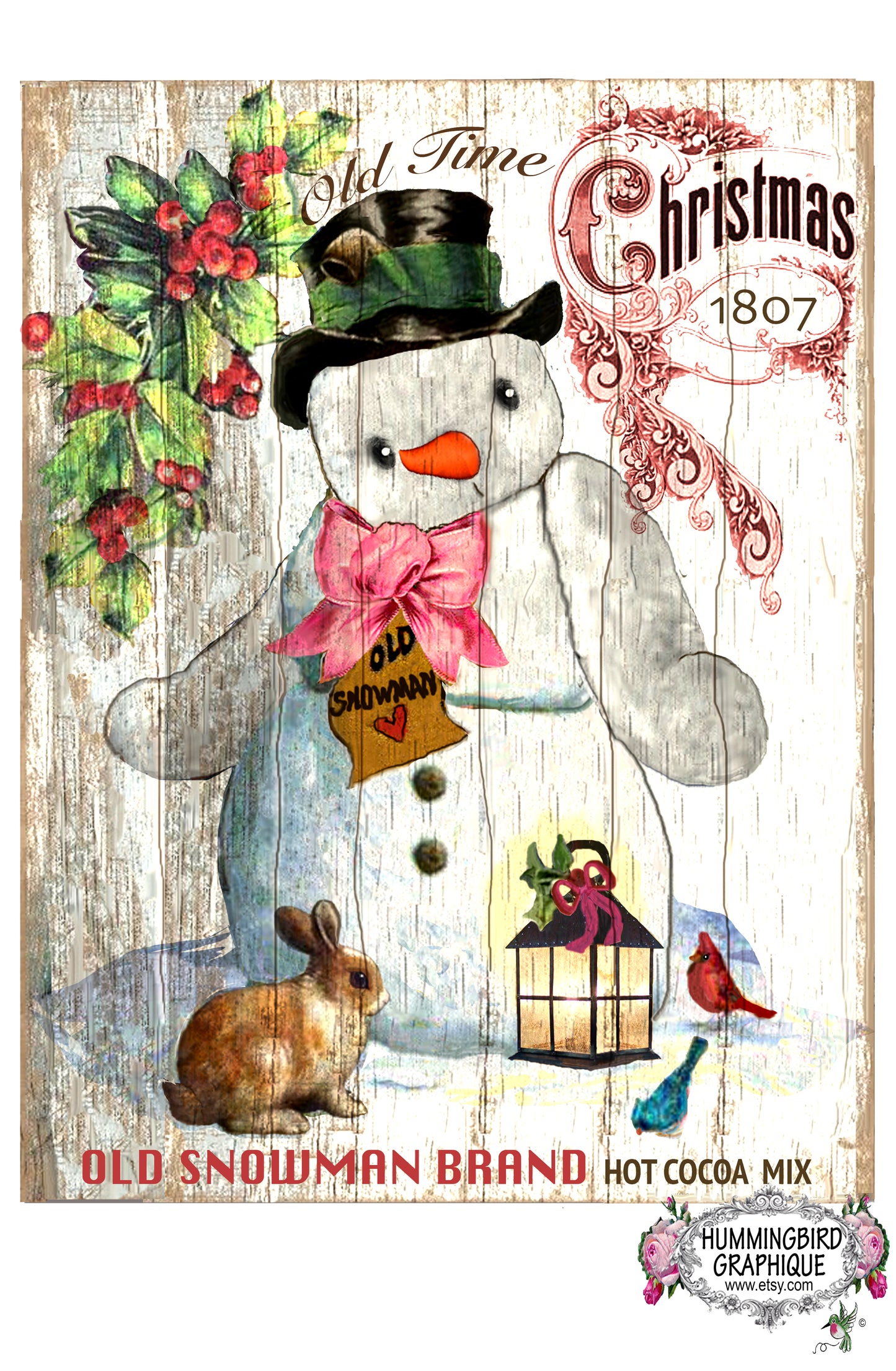 #129 PRÉCIEUX BONHOMME DE NEIGE AVEC LAPIN ET LANTERNE - NOËL