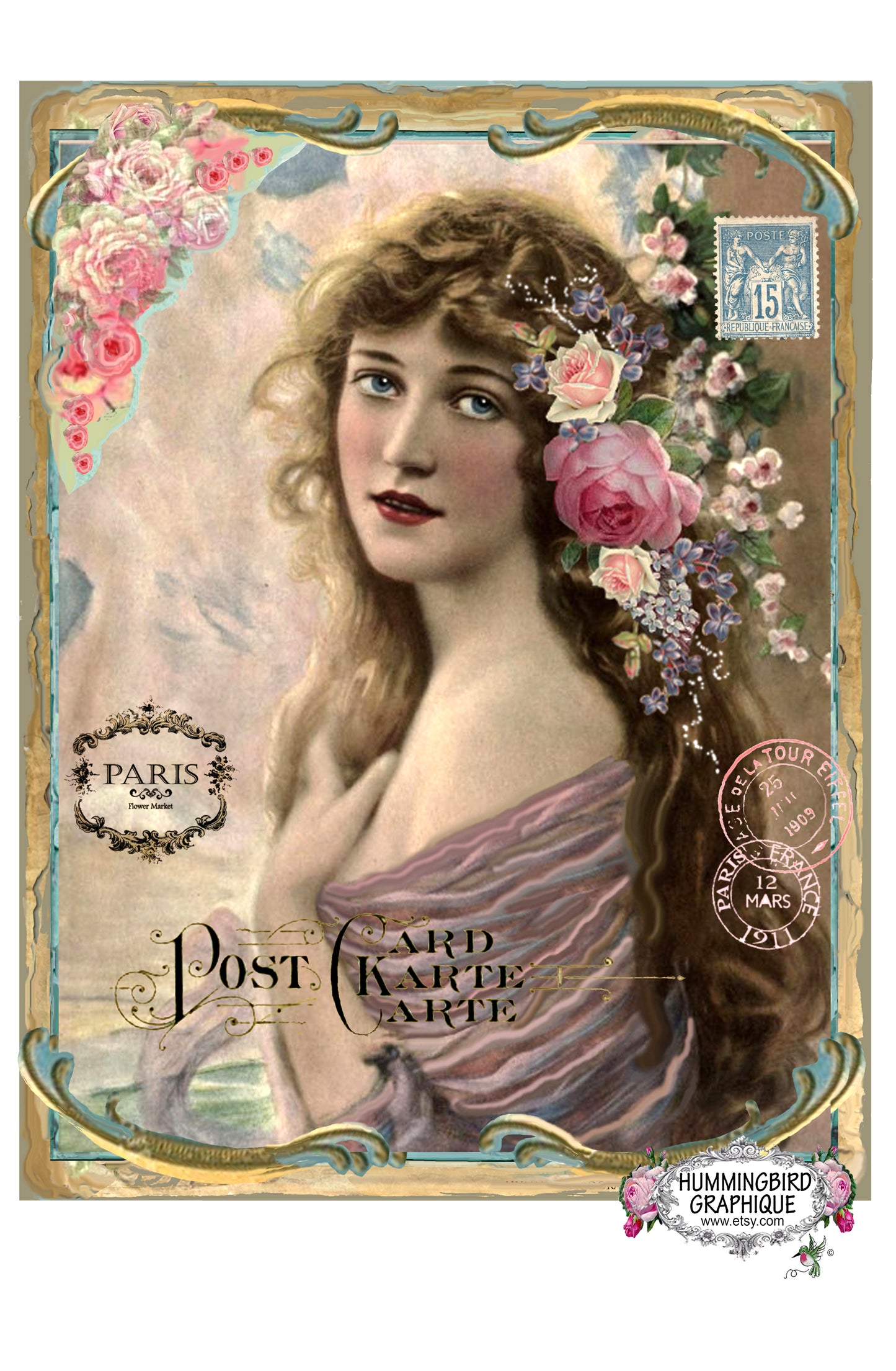 #170 BEAUTIFUL GIRL WITH ROSES- BEAUTIFUL SHABBY IMAGE