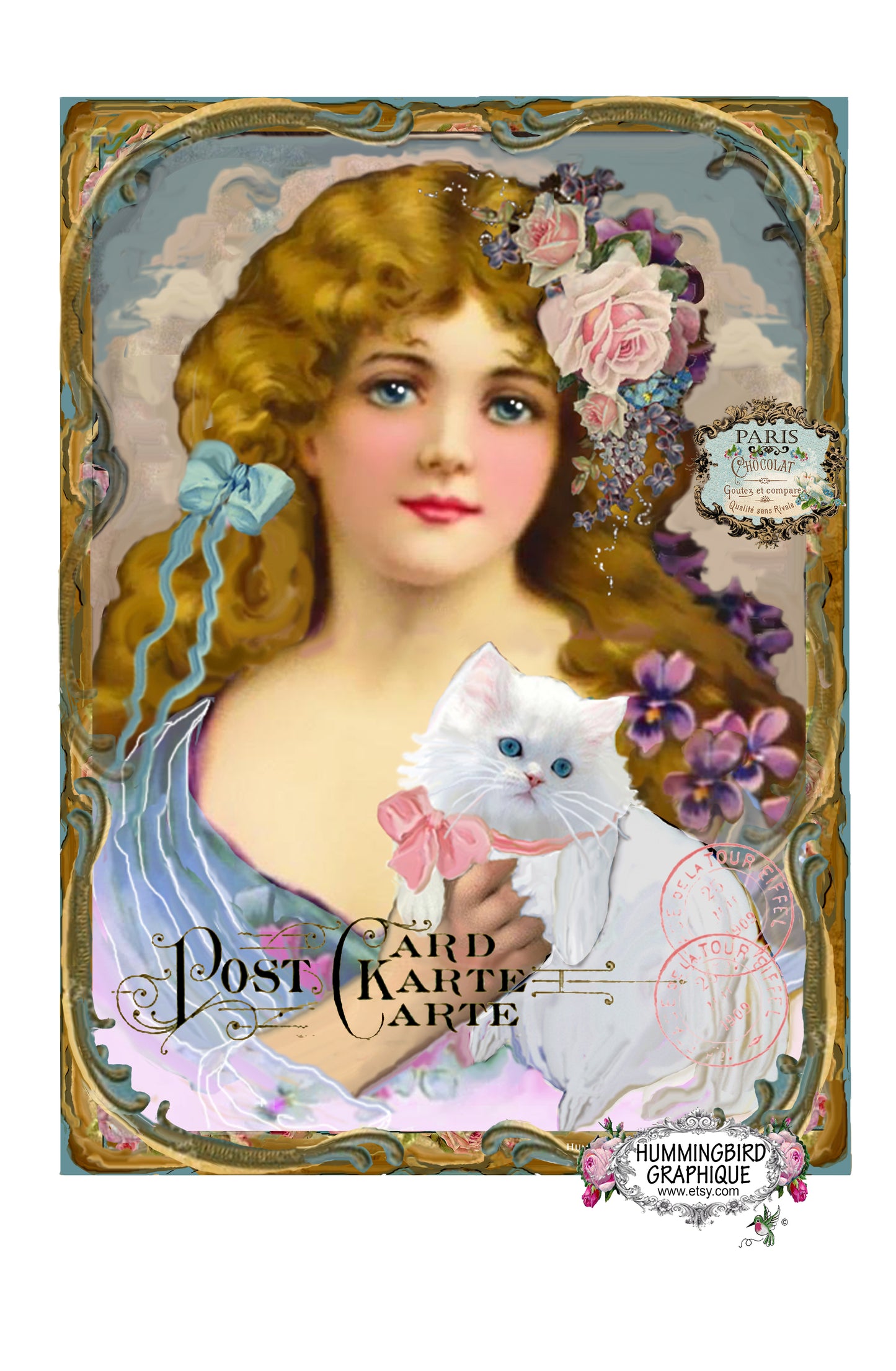 #171 BEAUTIFUL GIRL WITH HER KITTEN - BEAUTIFUL SHABBY IMAGE