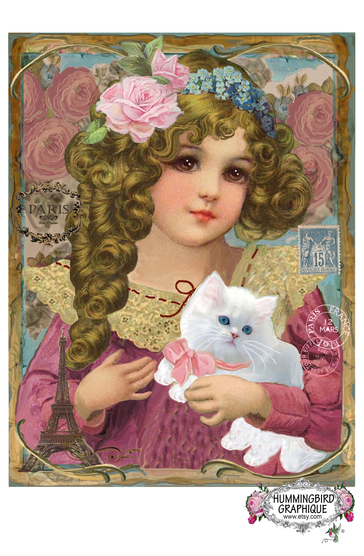 #178 BEAUTIFUL LITTLE GIRL AND HER KITTEN- BEAUTIFUL SHABBY IMAGE