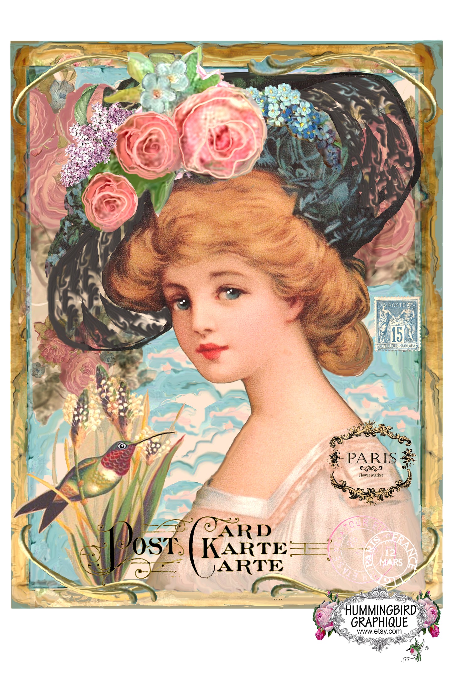 #183 BEAUTIFUL GIRL IN HAT AND HUMMINGBIRD - BEAUTIFUL SHABBY IMAGE