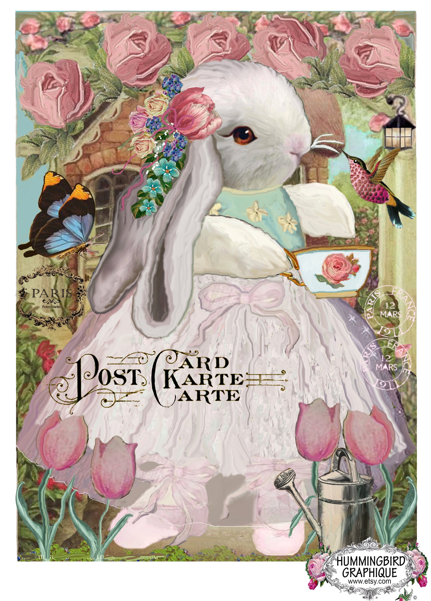 #188 BEAU LAPIN DANS LE JARDIN DE TULIPES DU COTTAGE - LAPINS