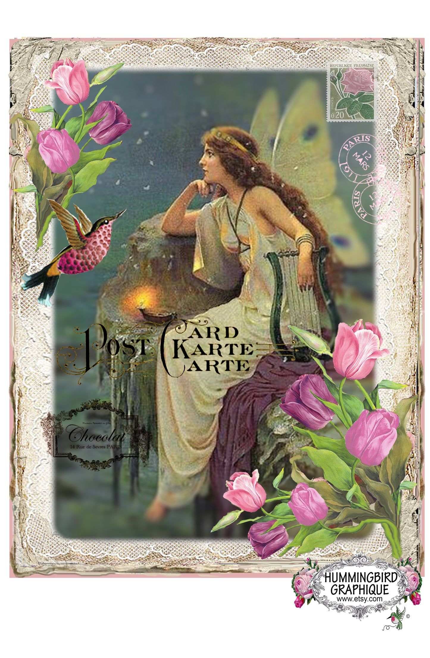 #198 CHARMING NIGHT FAIRY AND HUMMINGBIRD - BEAUTIFUL SHABBY IMAGE