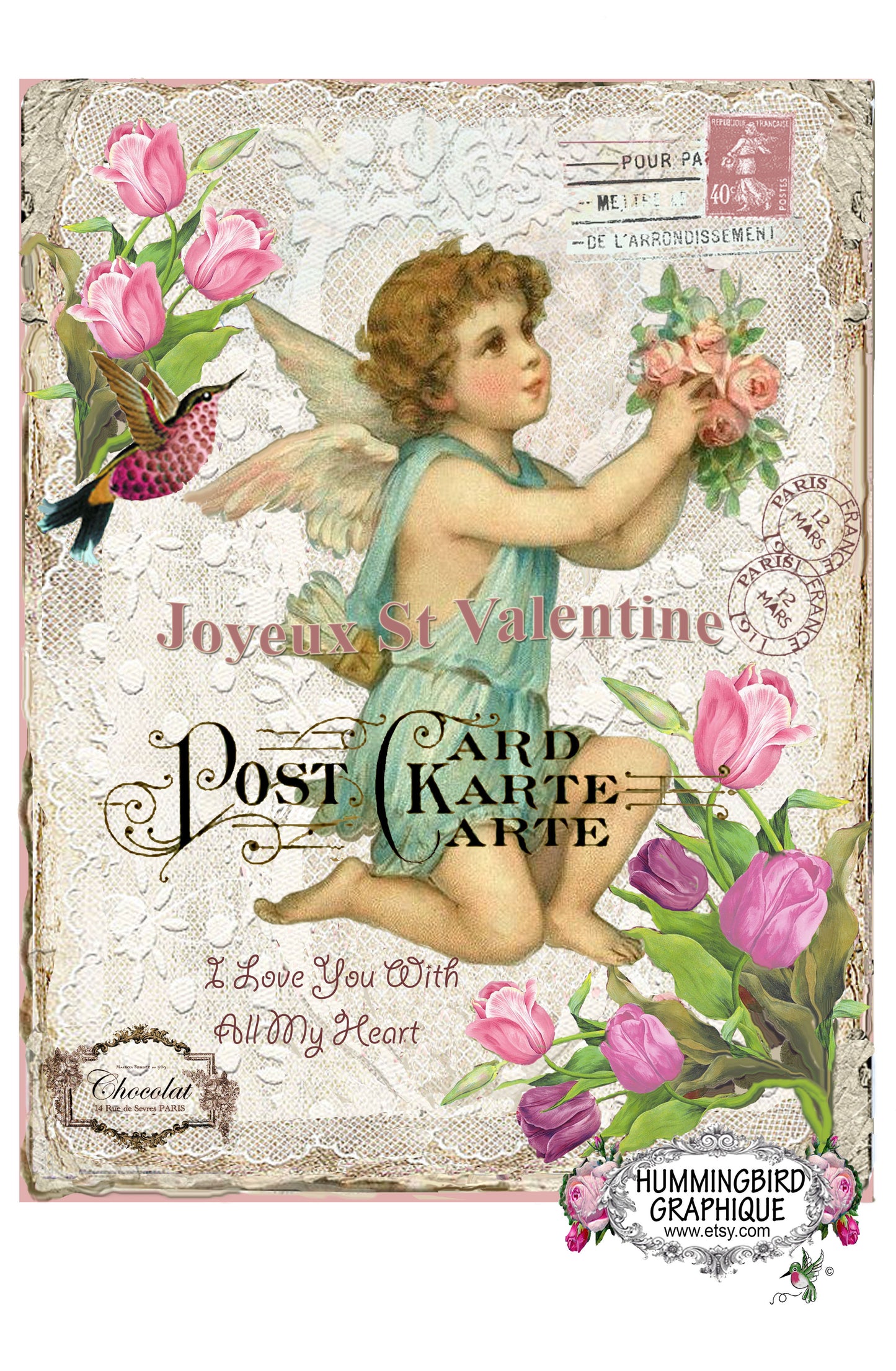 #199 BEAUTIFUL CUPID VALENTINE WITH TULIPS AND HUMMINGBIRD- BEAUTIFUL SHABBY IMAGE