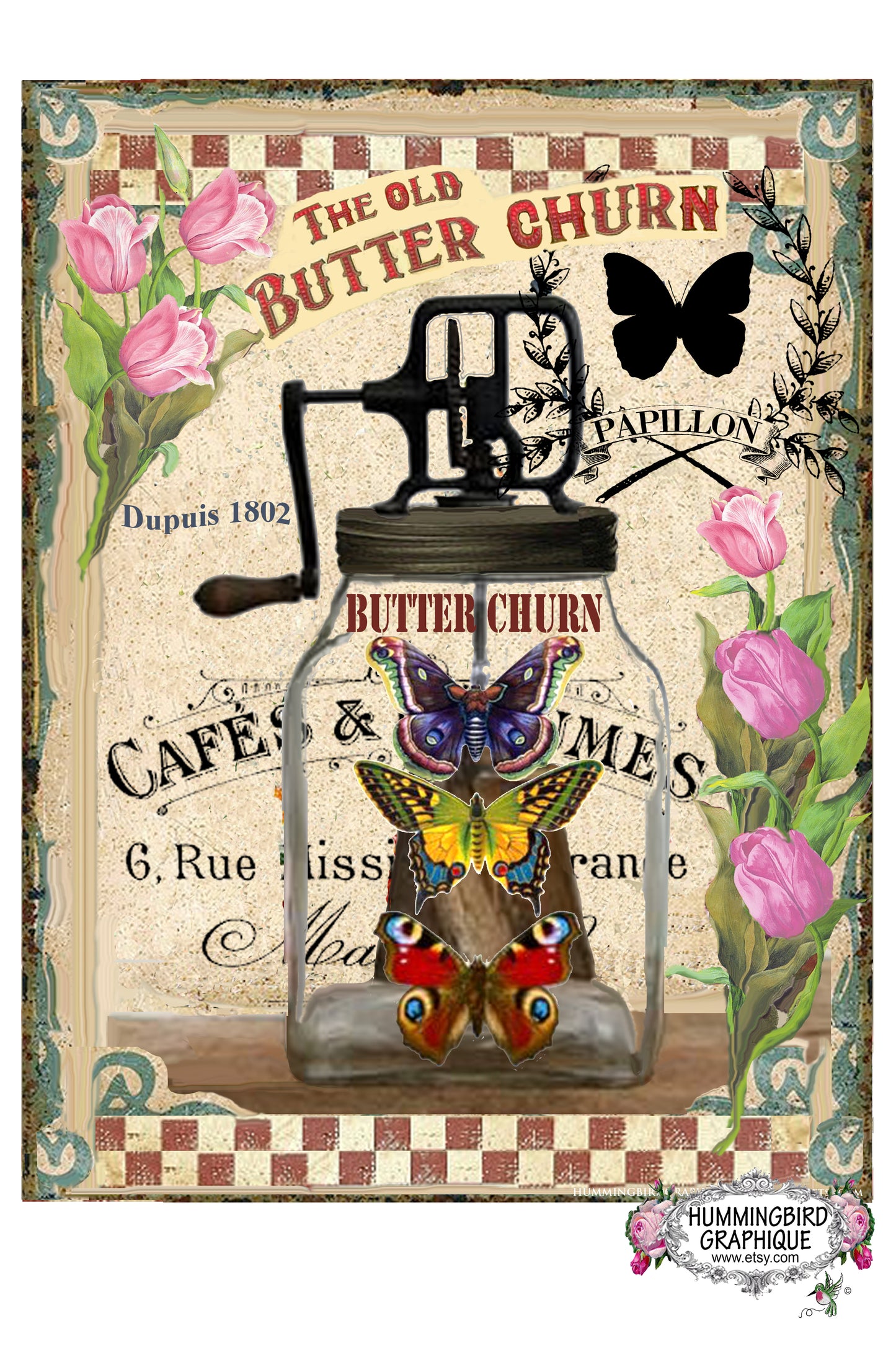 #211 OLD COUNTRY BUTTER CHURN WITH BUTTERFLIES - COUNTRY IMAGE