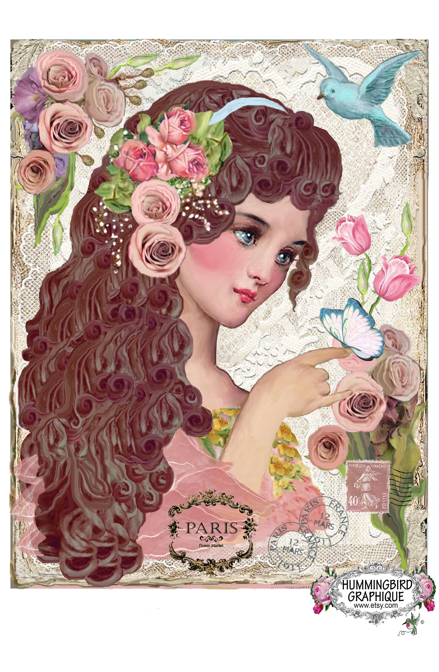 #212 BEAUTIFUL GIRL WITH BLUEBIRD AND BUTTERFLY - BEAUTIFUL SHABBY IMAGE