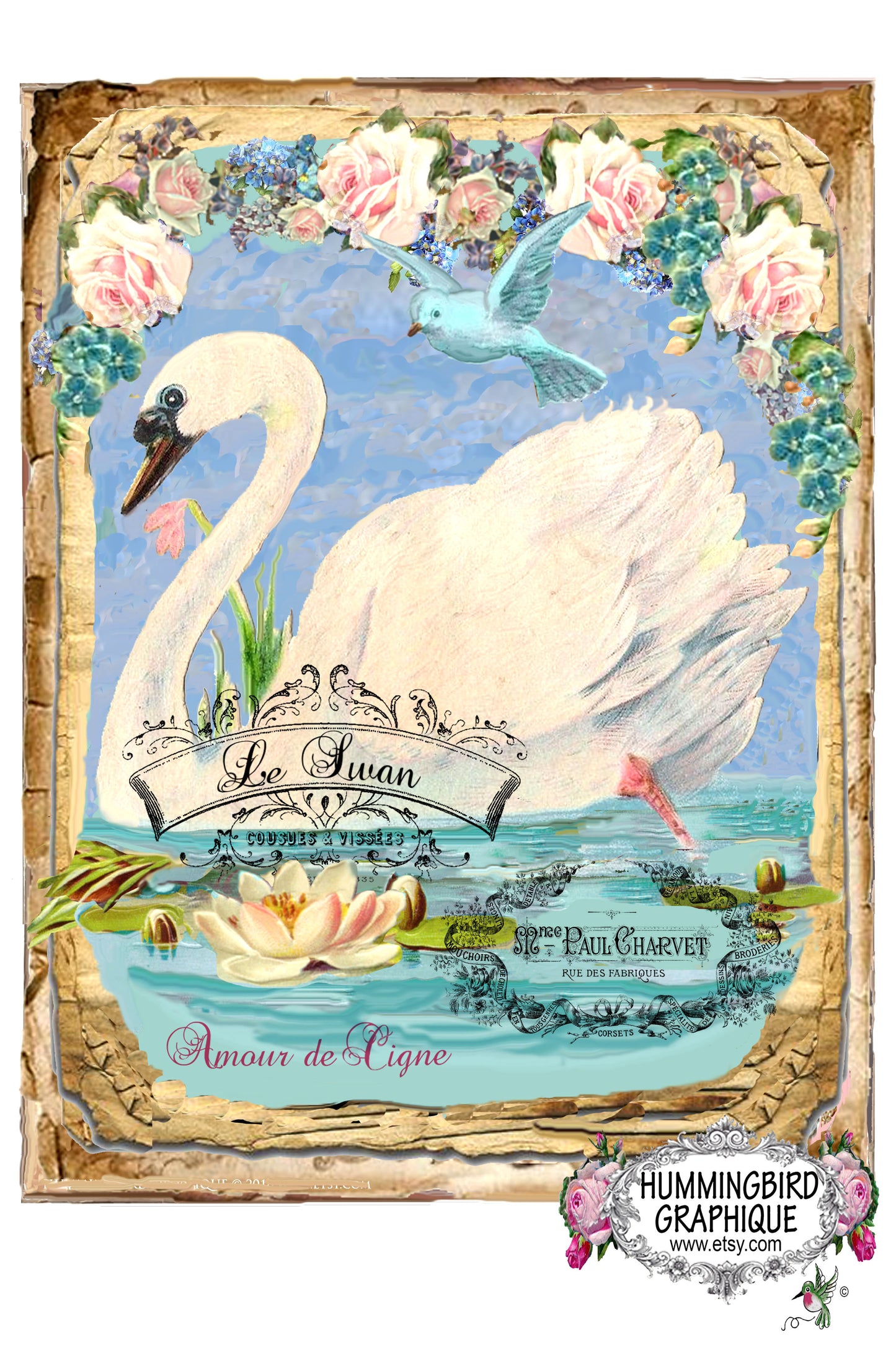 #224 ENCHANTING SWAN WITH BLUEBIRD - COUNTRY IMAGE