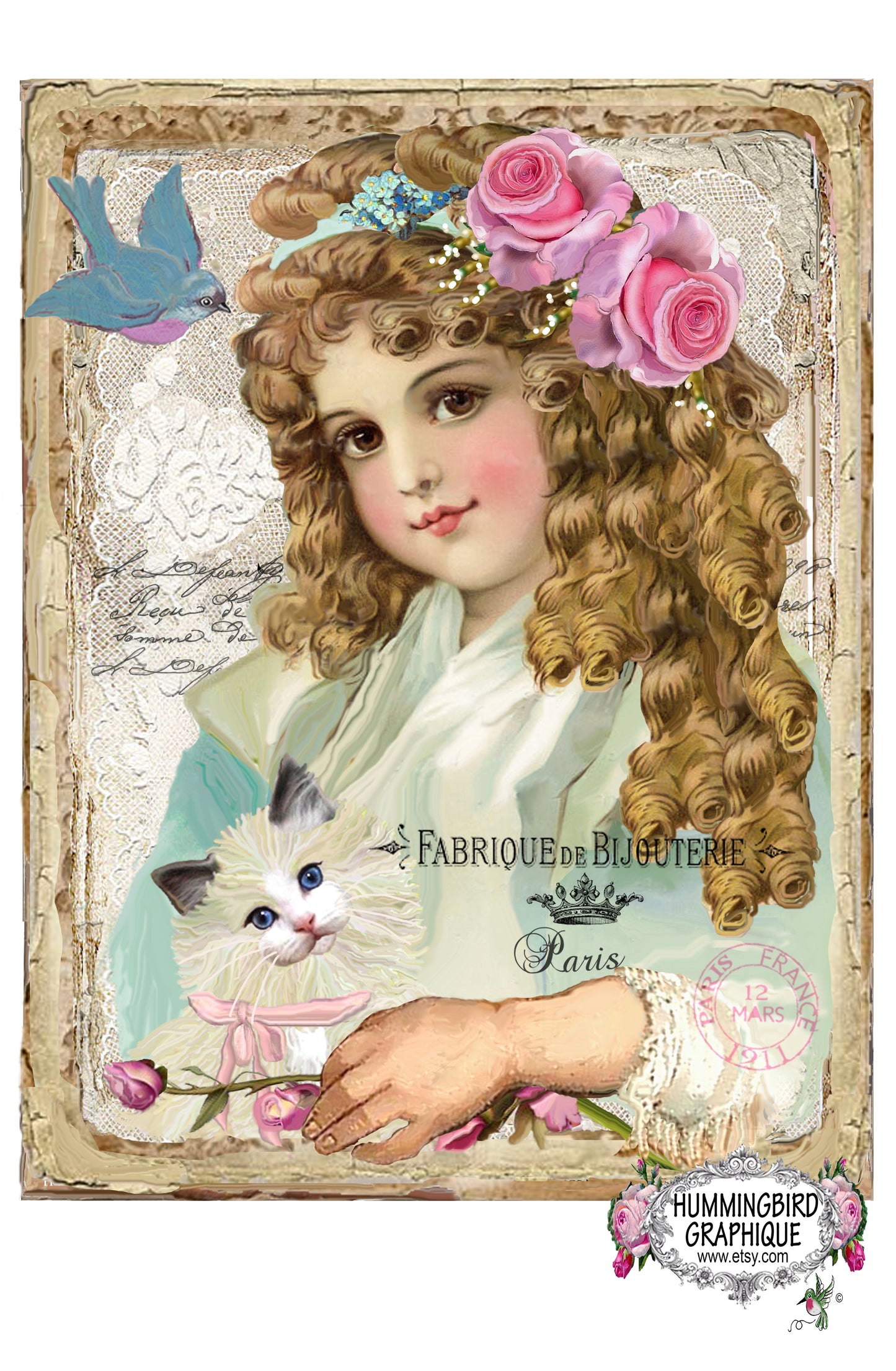 #225 CHARMING VICTORIAN GIRL WITH BLUEBIRD AND KITTEN - BEAUTIFUL SHABBY IMAGE