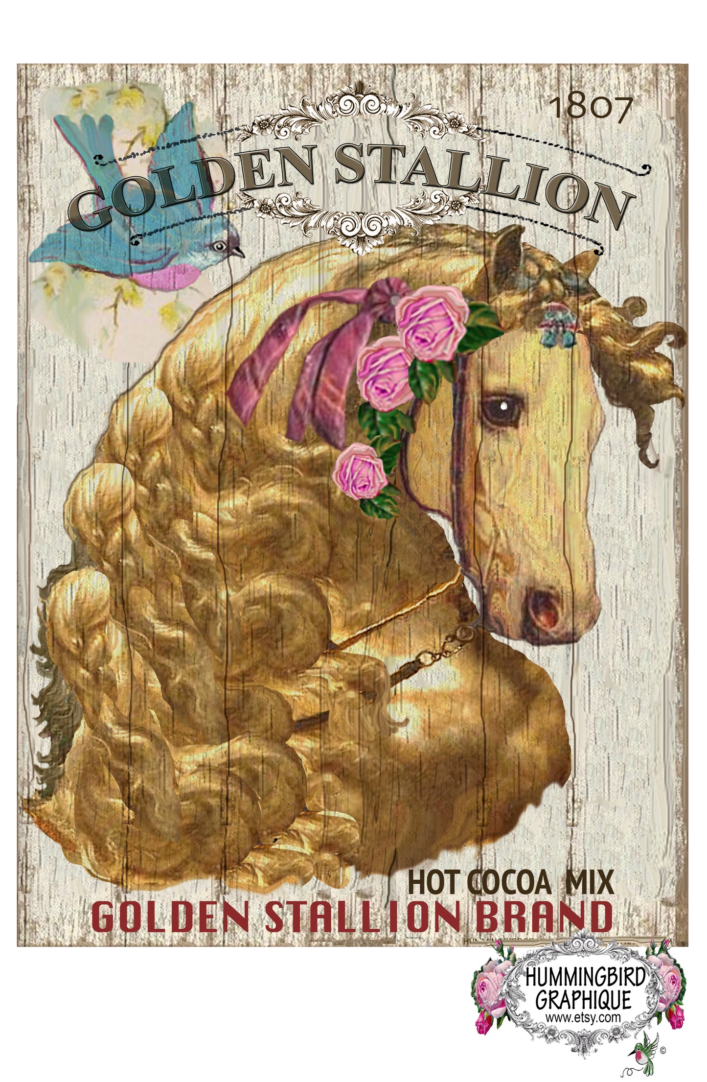 #227 ENCHANTING BEAUTIFUL GOLDEN STALLION WITH BLUEBIRD - COUNTRY IMAGE
