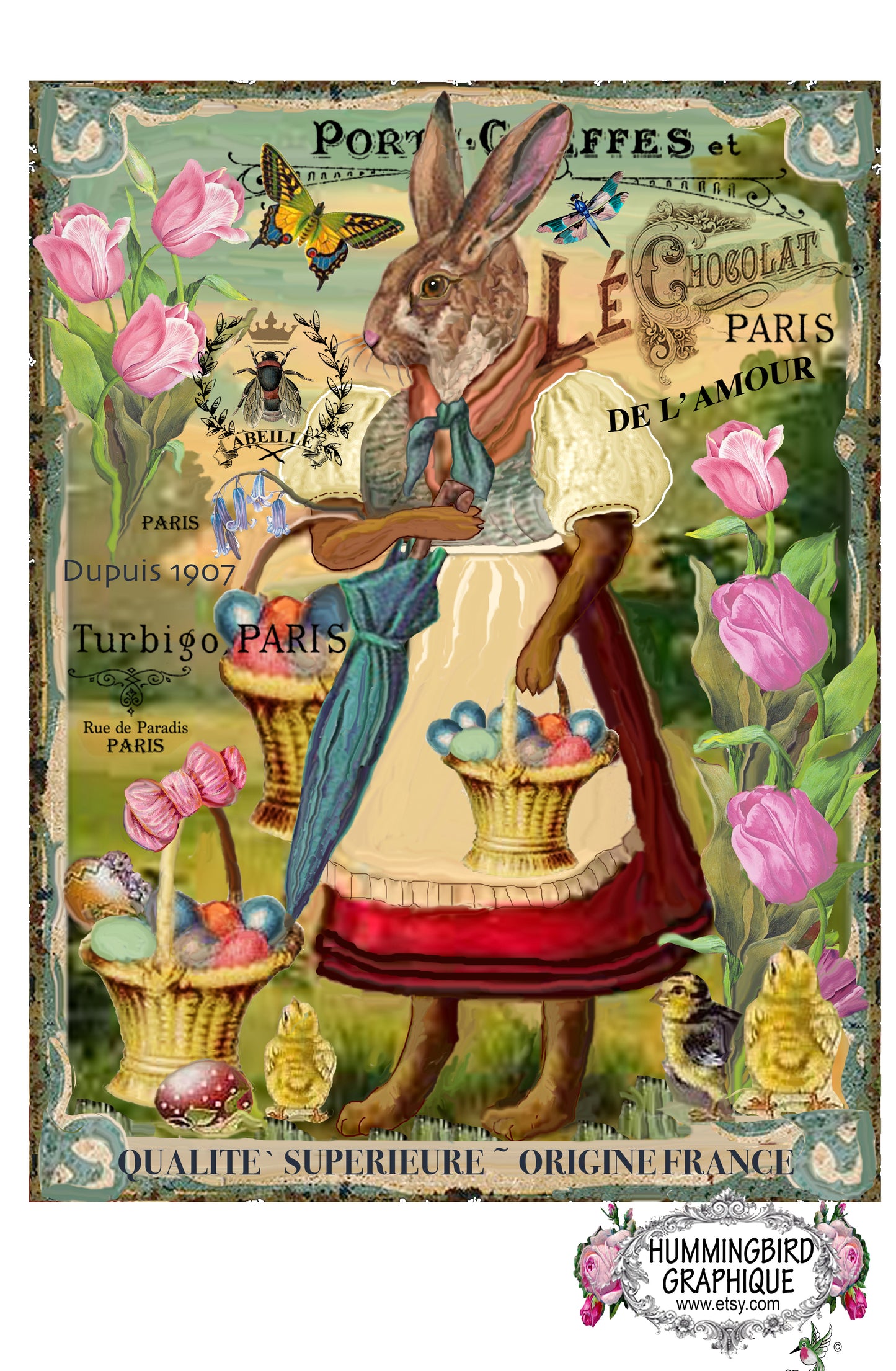 #228 LAPIN VINTAGE AVEC PANIER DE PÂQUES ET POUSSINS - LAPINS